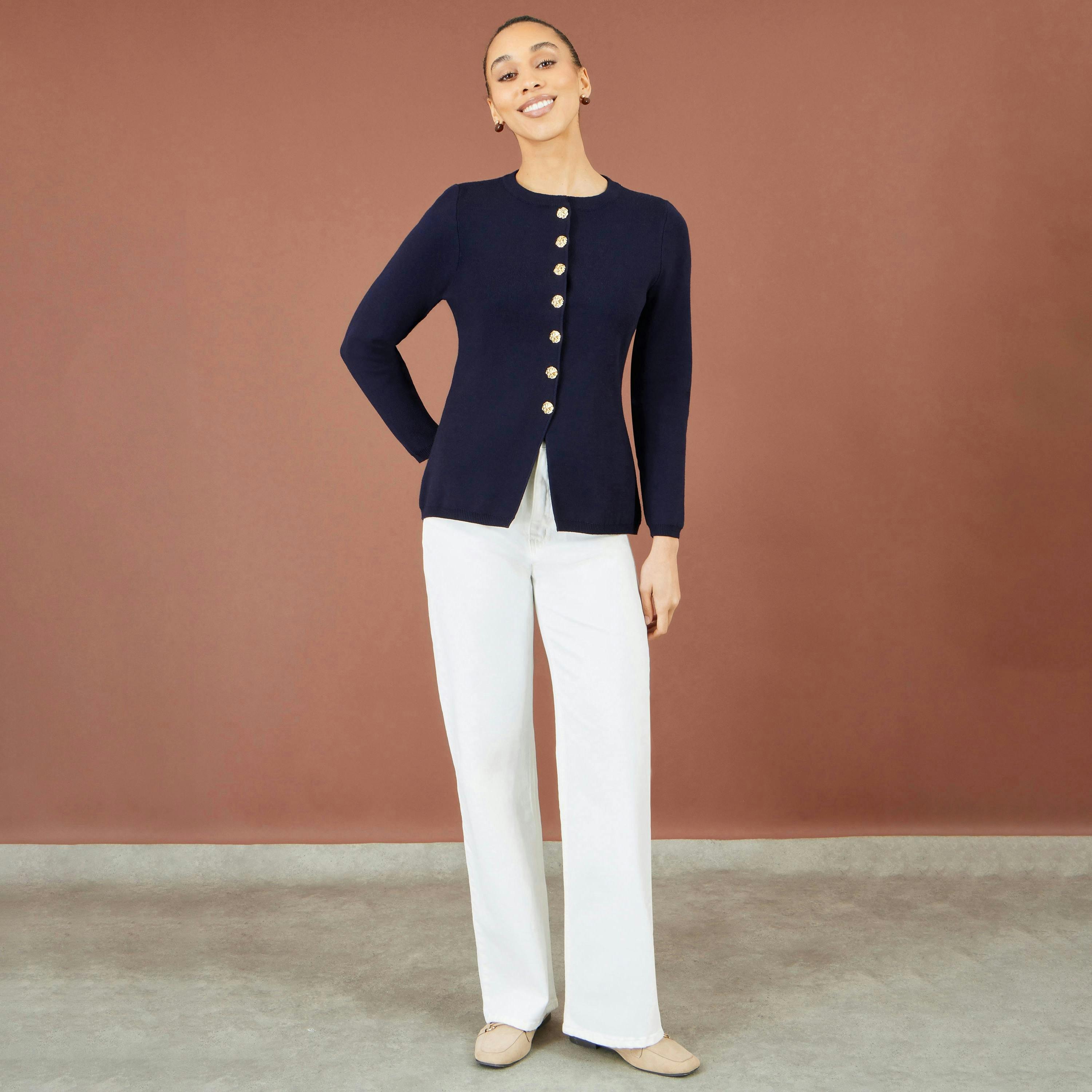 Yumi Navy Knitted Fitted Peplum Cardigan , view 3 of 4
