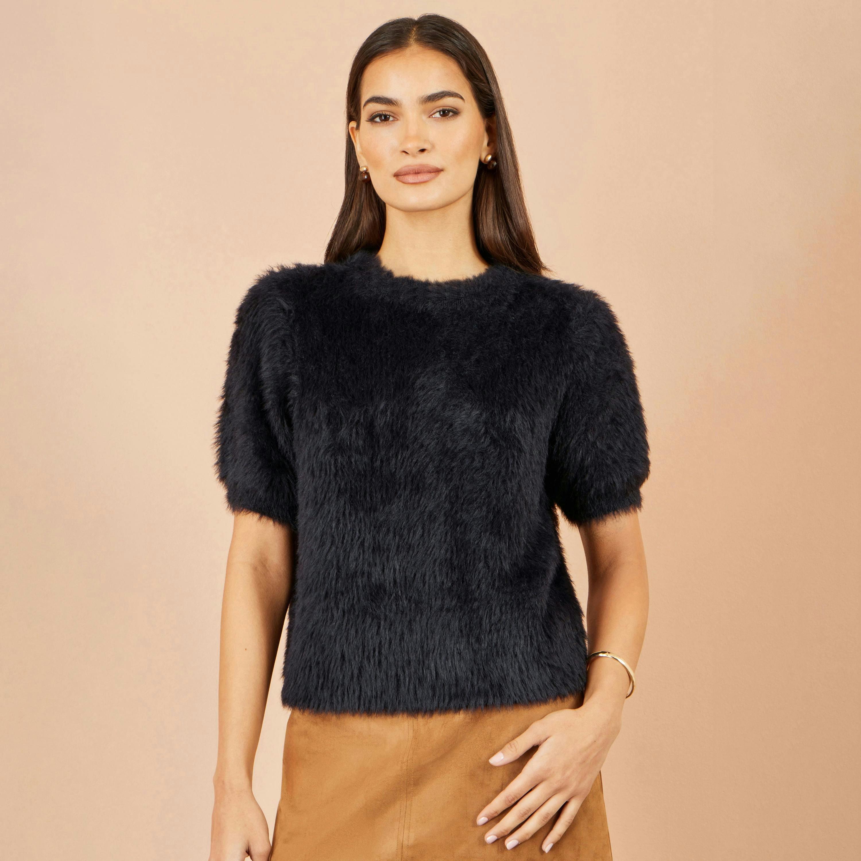 Yumi Black Fluffy Short Sleeve Jumper , view 4 of 4