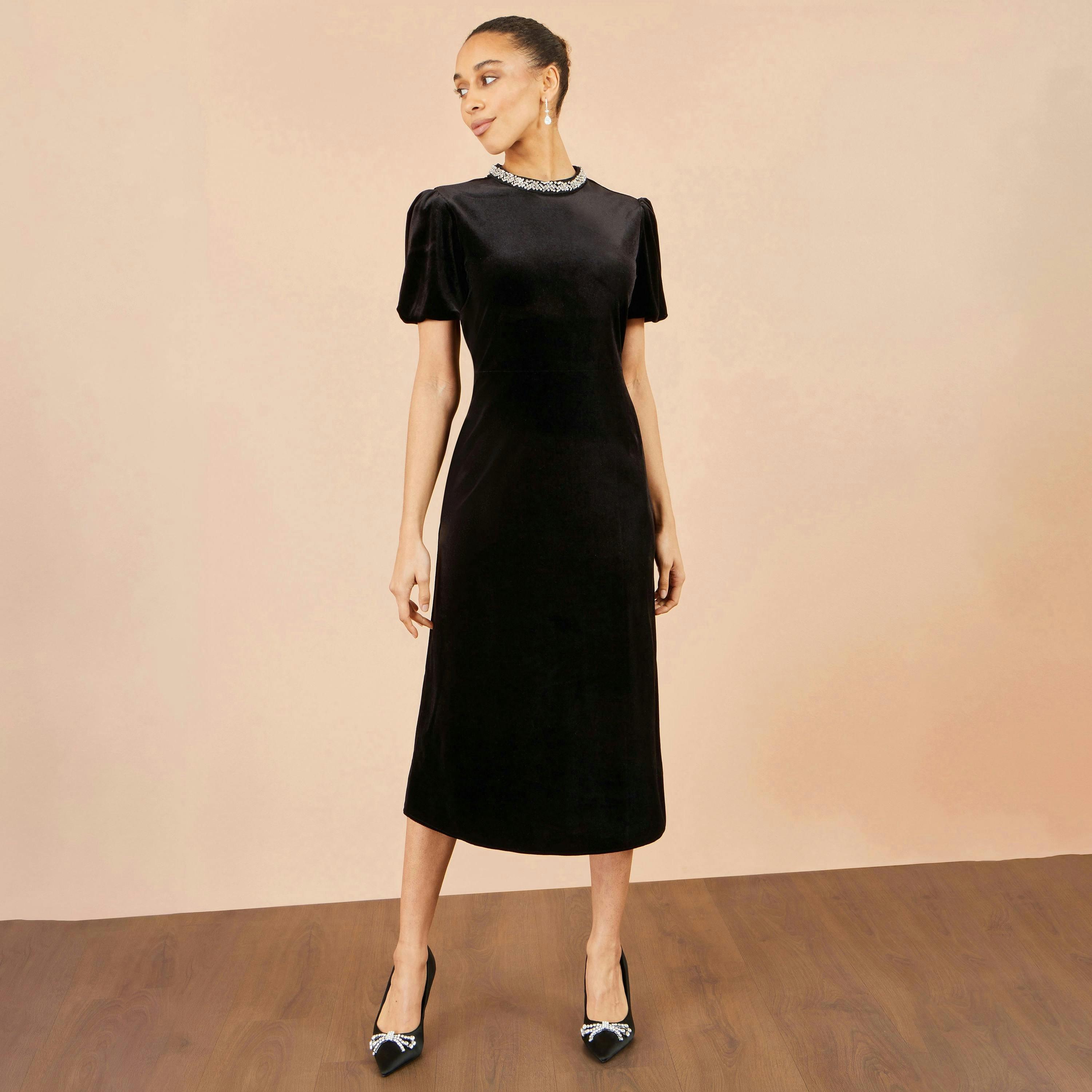 Yumi Black Velvet Embellised Neckline Midi Dress , view 2 of 6