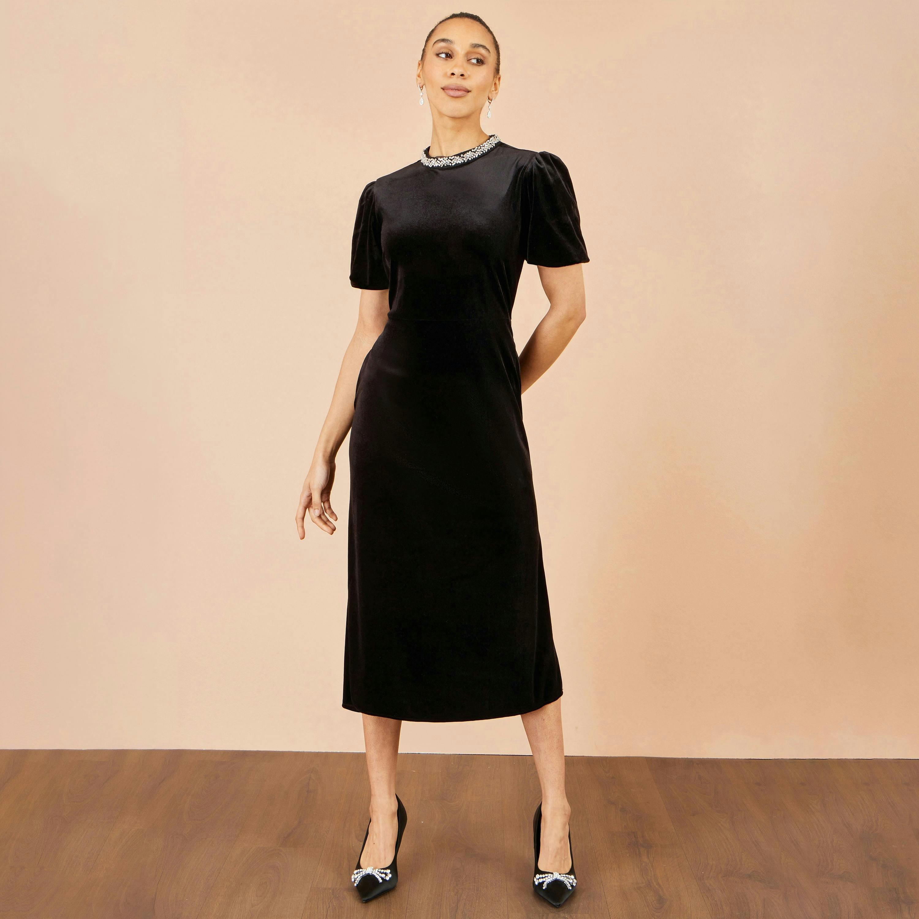 Yumi Black Velvet Embellised Neckline Midi Dress , view 3 of 6
