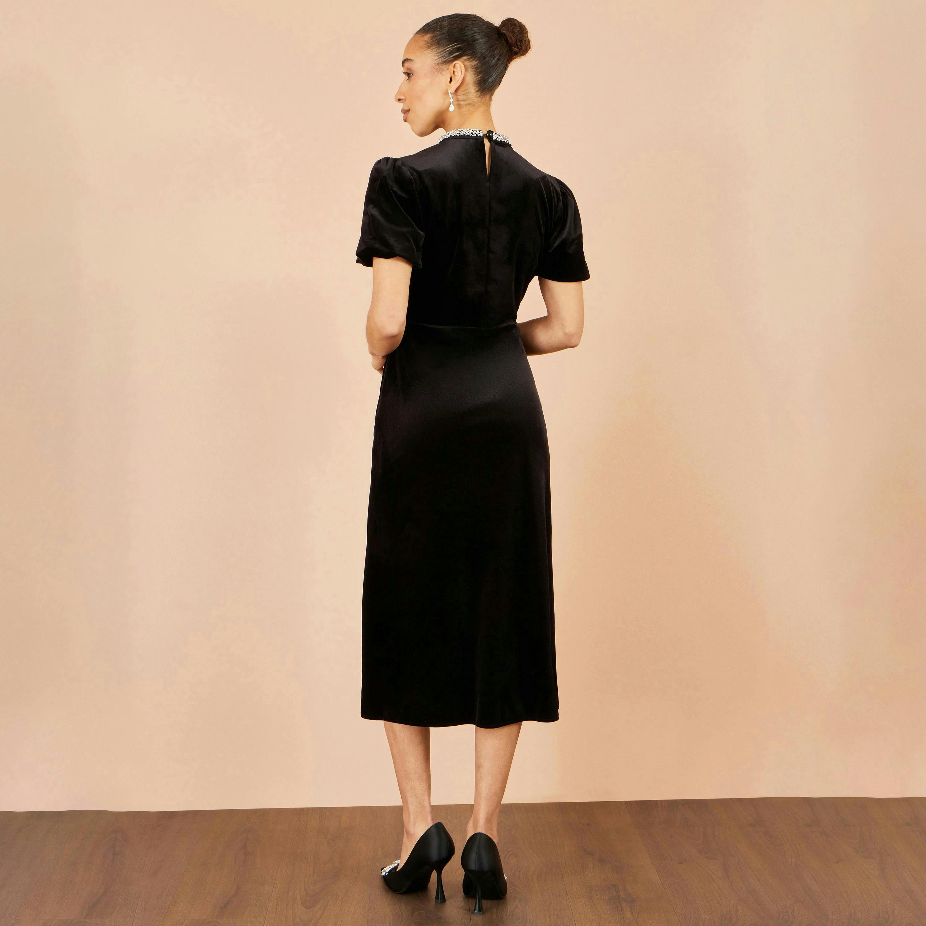 Yumi Black Velvet Embellised Neckline Midi Dress , view 4 of 6