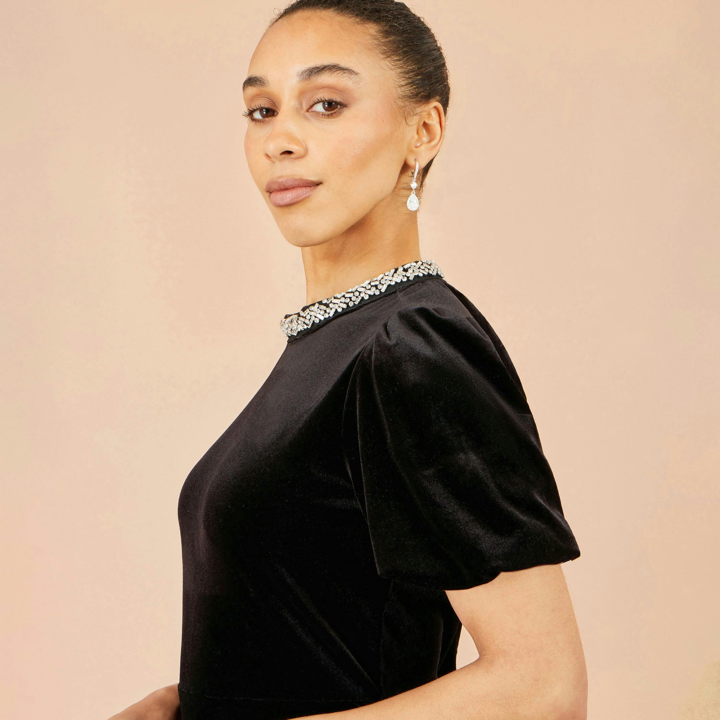 Yumi Black Velvet Embellised Neckline Midi Dress , view 5 of 6