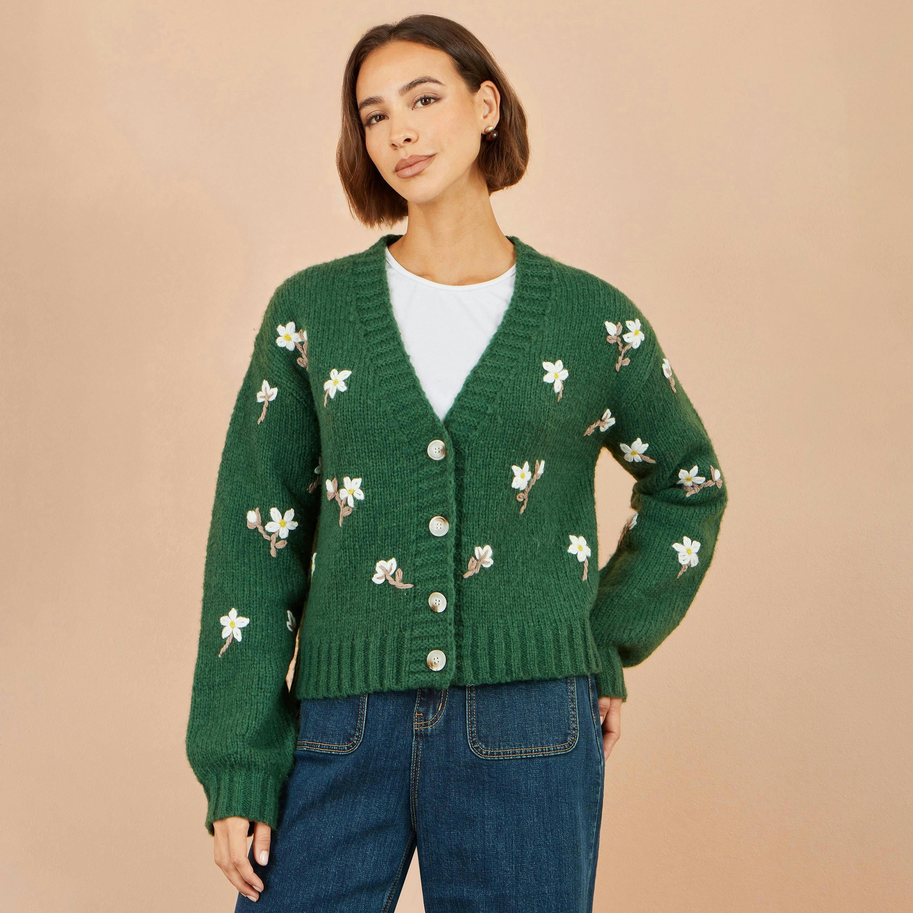 Yumi Green Hand Embroidered Chunky Knitted Cardigan , view 2 of 6