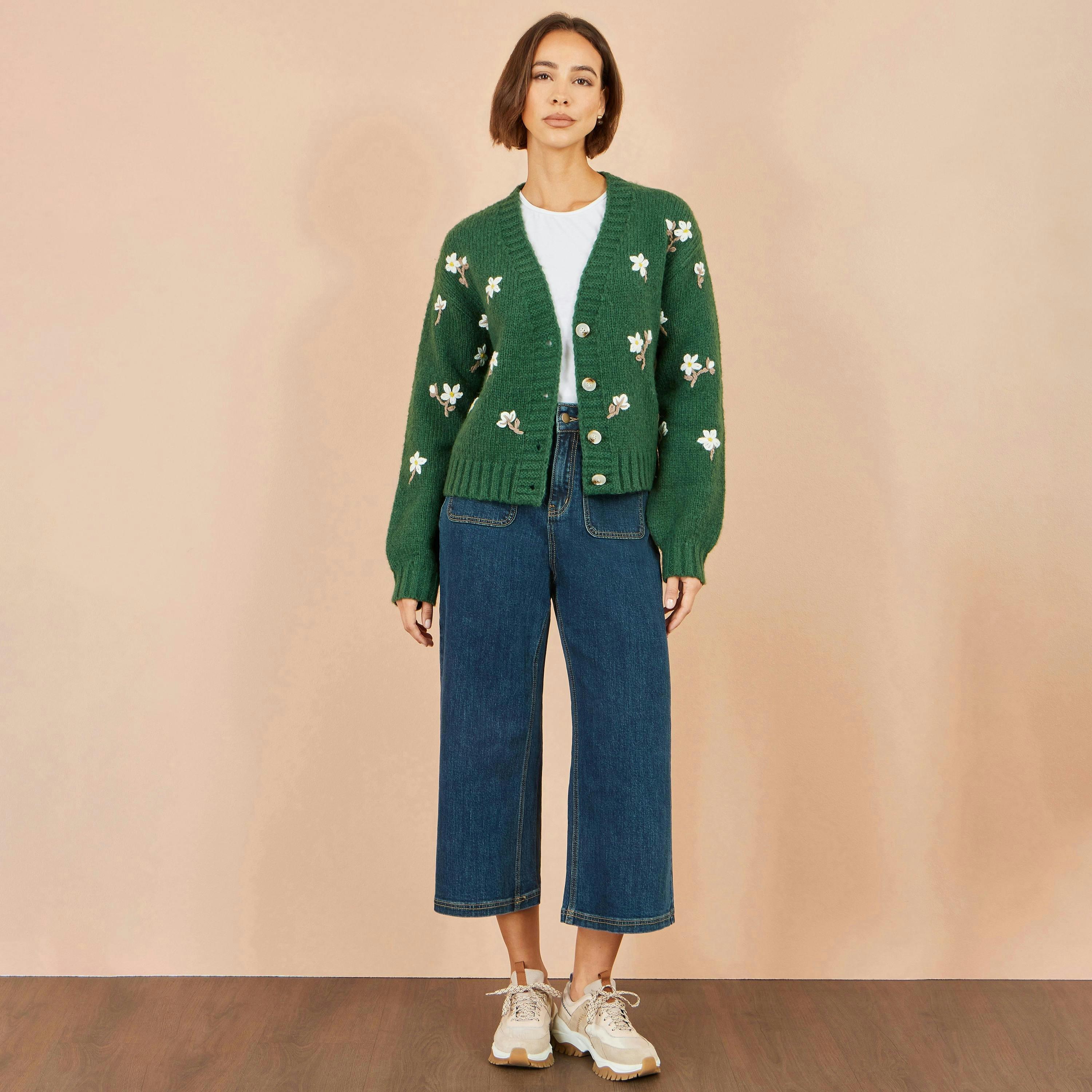 Yumi Green Hand Embroidered Chunky Knitted Cardigan , view 3 of 6