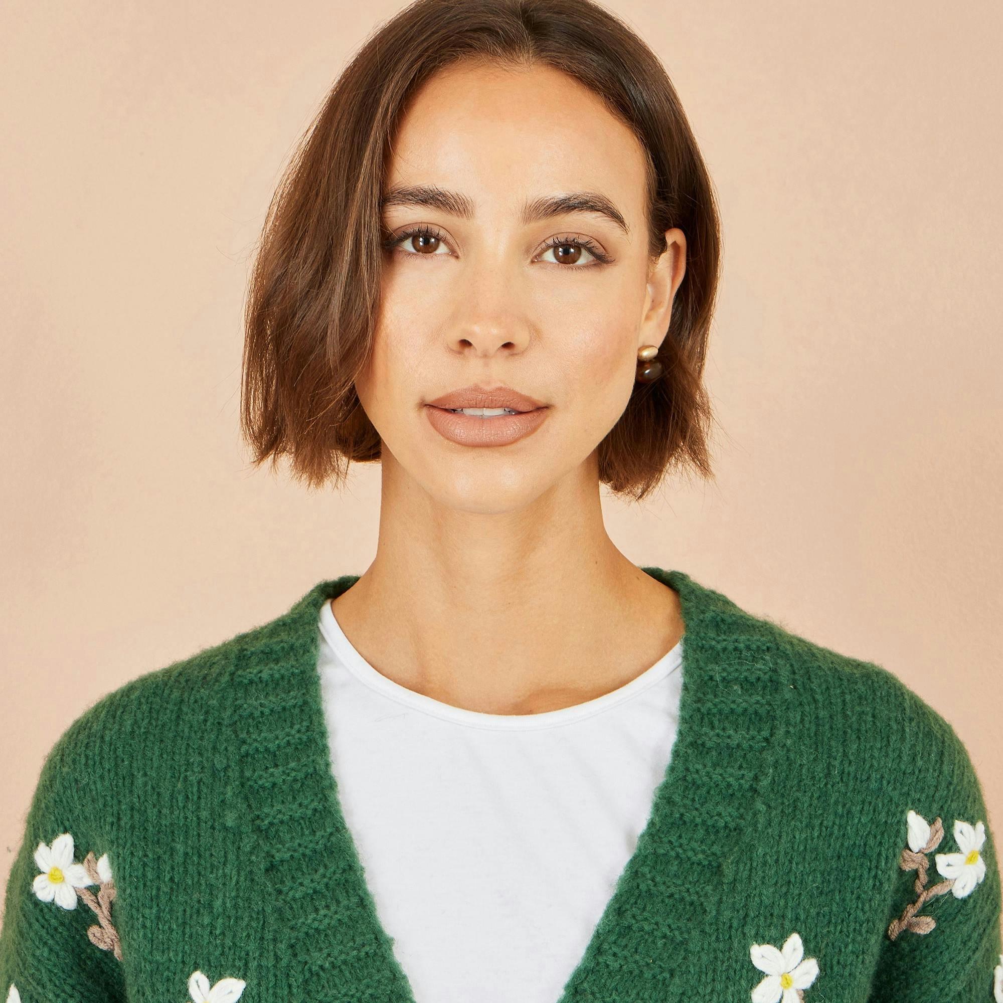 Yumi Green Hand Embroidered Chunky Knitted Cardigan , view 5 of 6