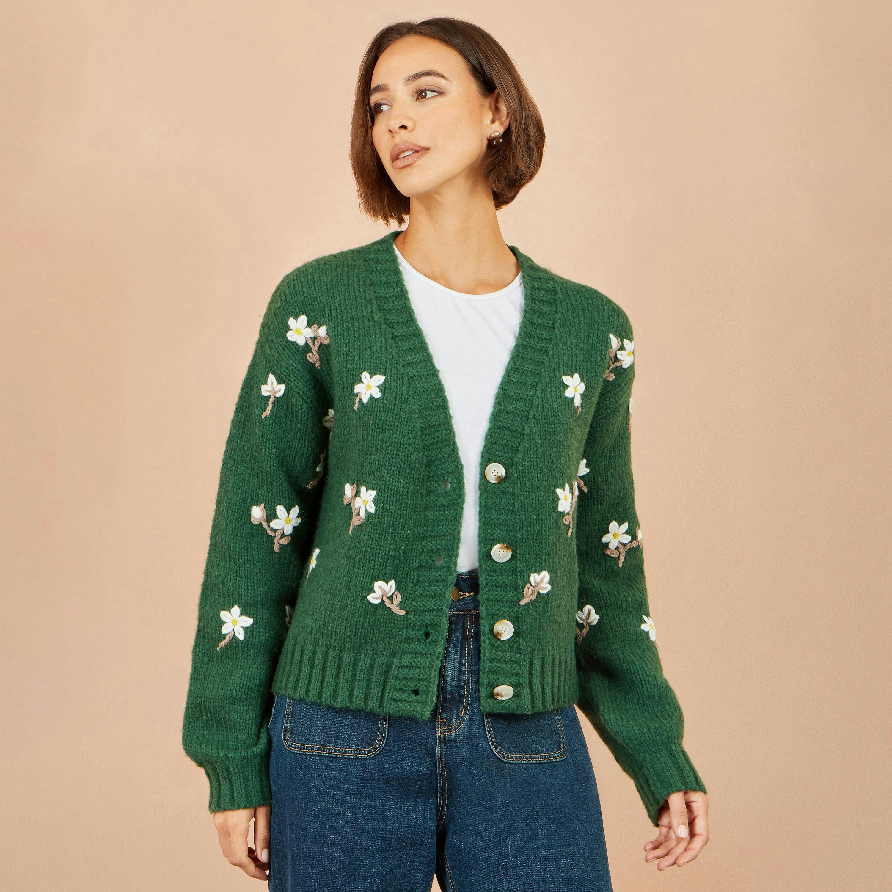Yumi Green Hand Embroidered Chunky Knitted Cardigan , view 6 of 6