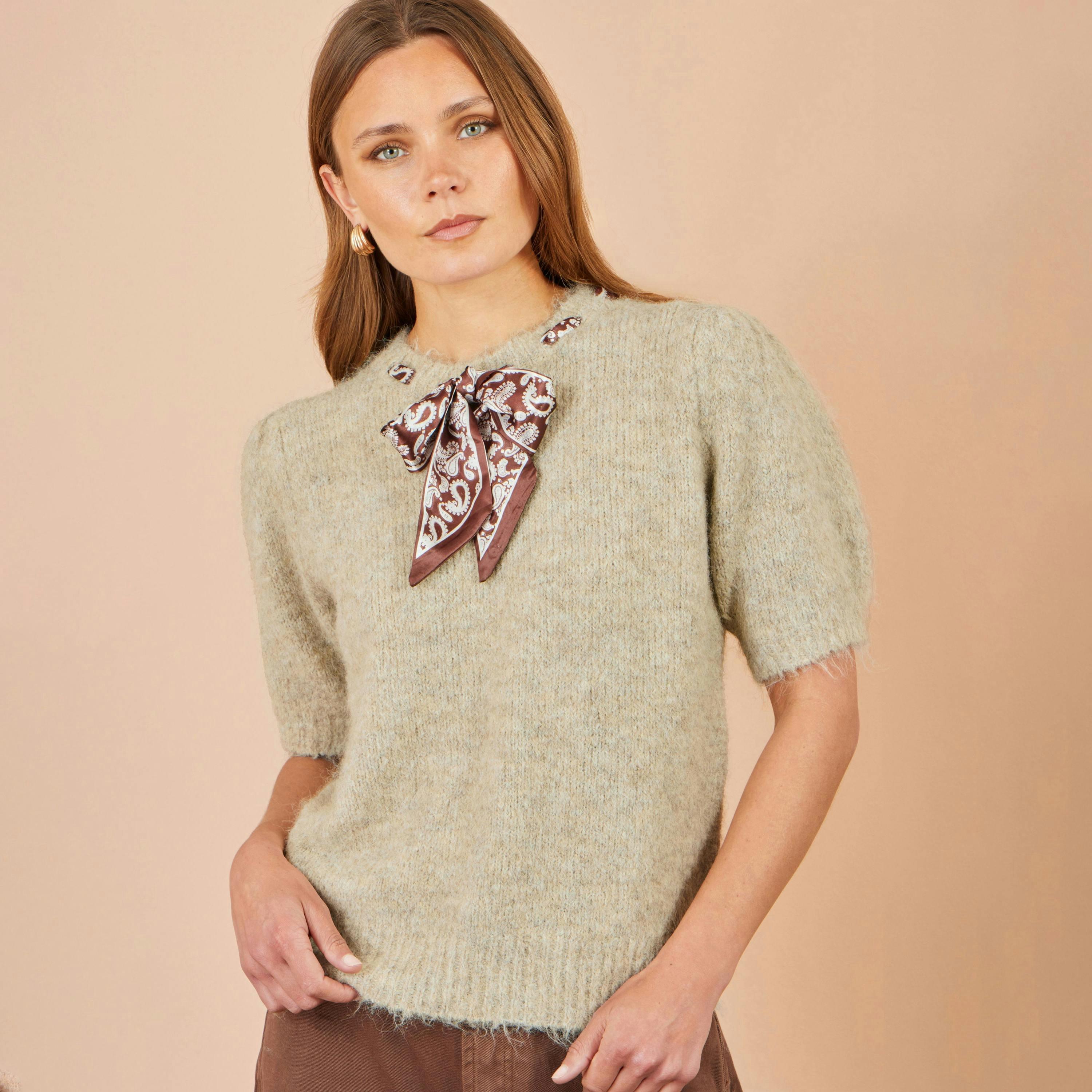 Yumi Beige Fluffy Jumper With Scarf Detail , view 2 of 5