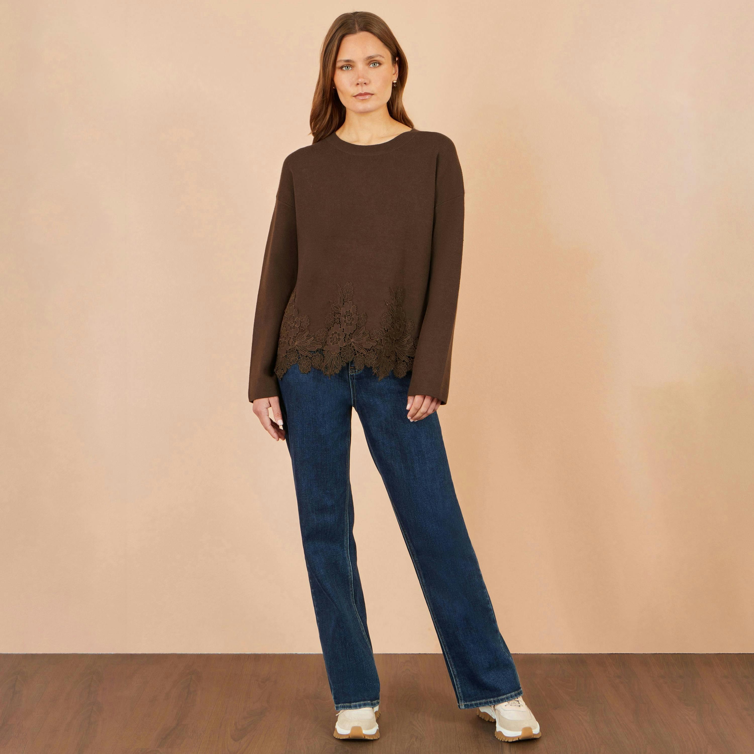 Yumi Brown Viscose Relaxed Jumper With Lace Trim , view 2 of 5