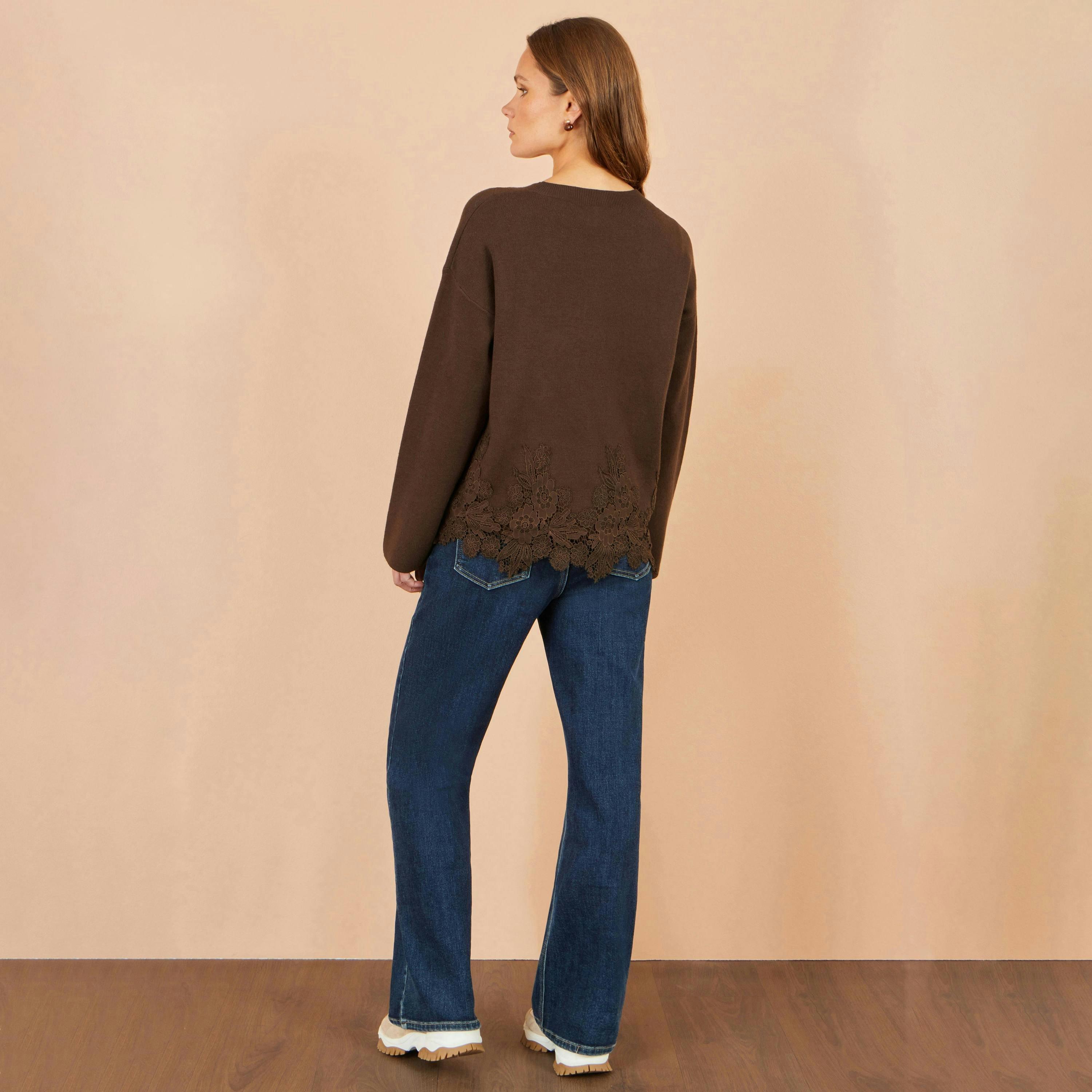 Yumi Brown Viscose Relaxed Jumper With Lace Trim , view 3 of 5