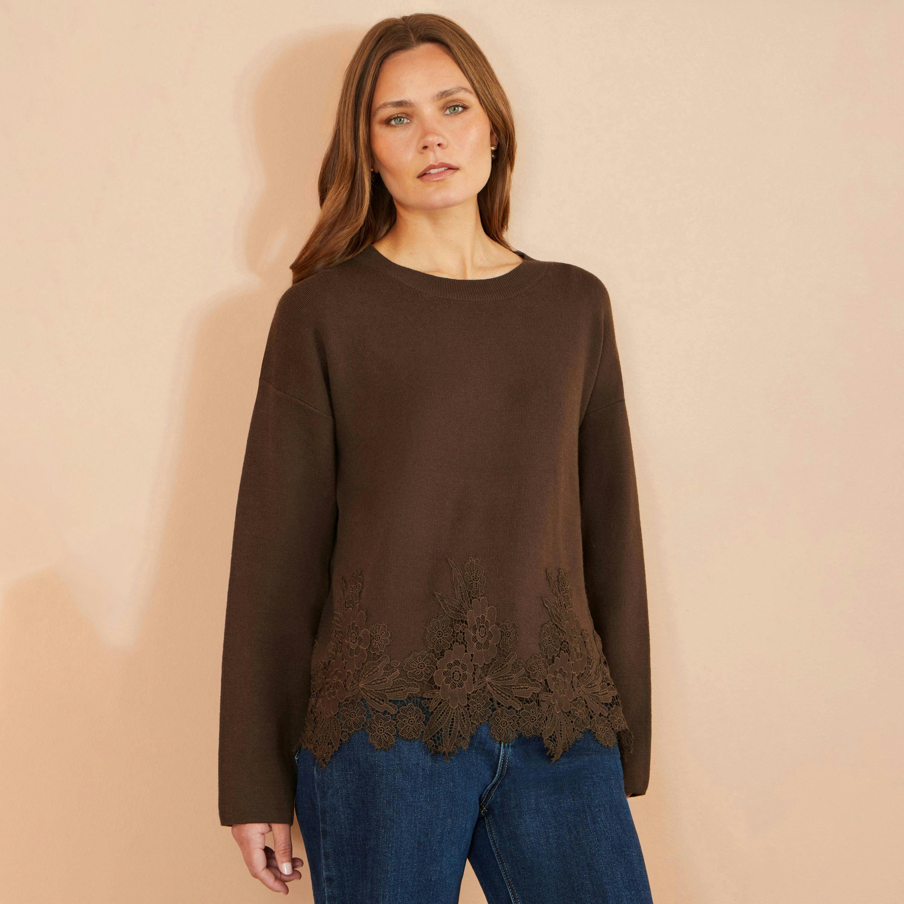 Yumi Brown Viscose Relaxed Jumper With Lace Trim , view 4 of 5