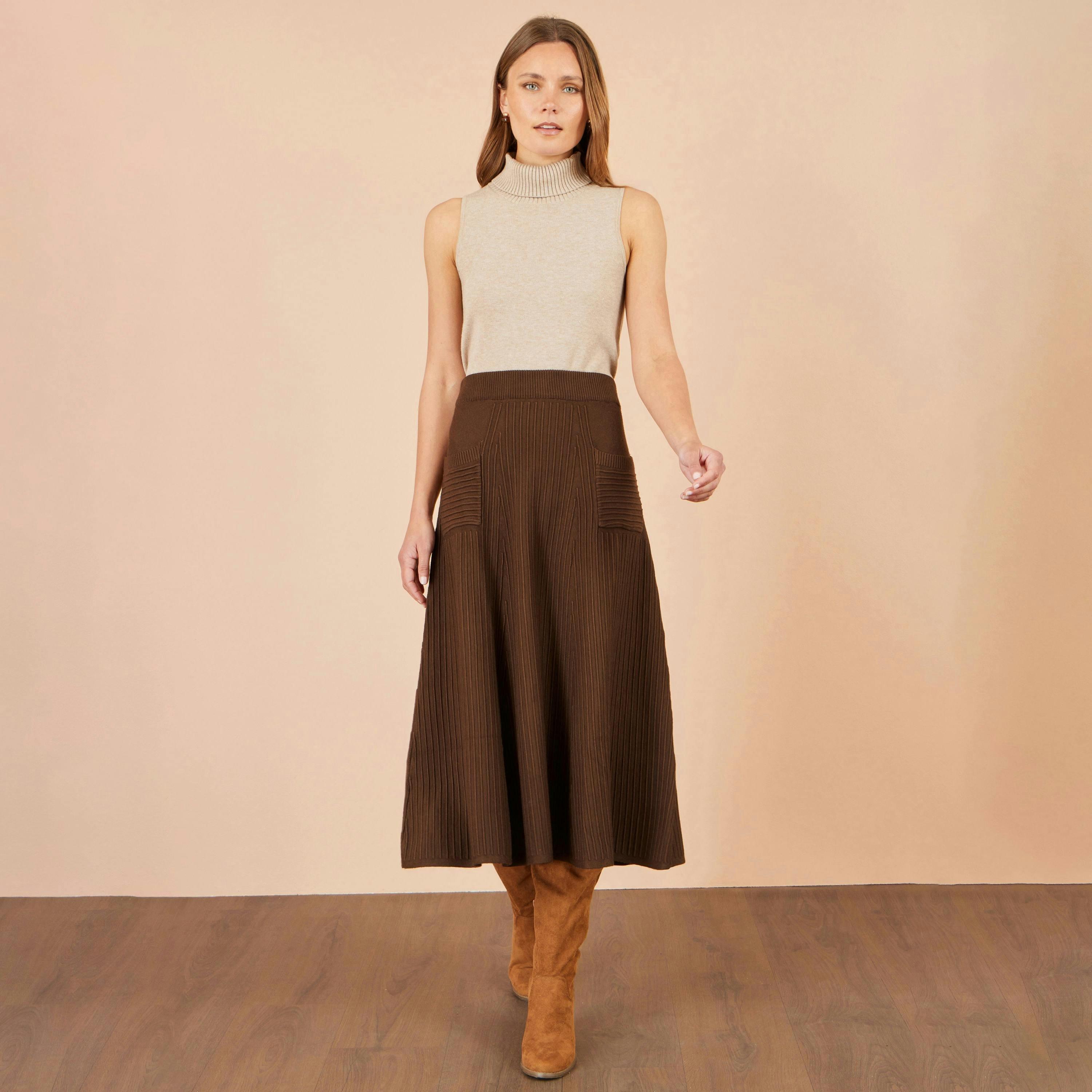 Yumi Brown Knitted Midi Skirt With Pockets , view 2 of 4