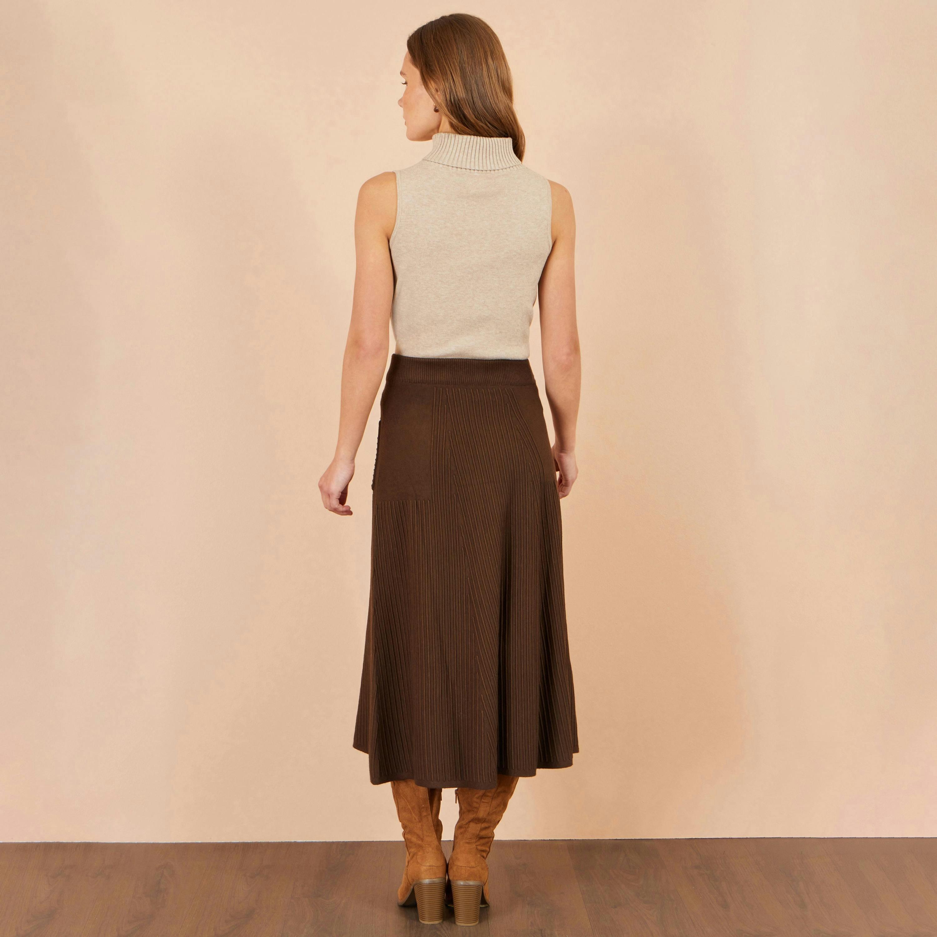 Yumi Brown Knitted Midi Skirt With Pockets , view 3 of 4