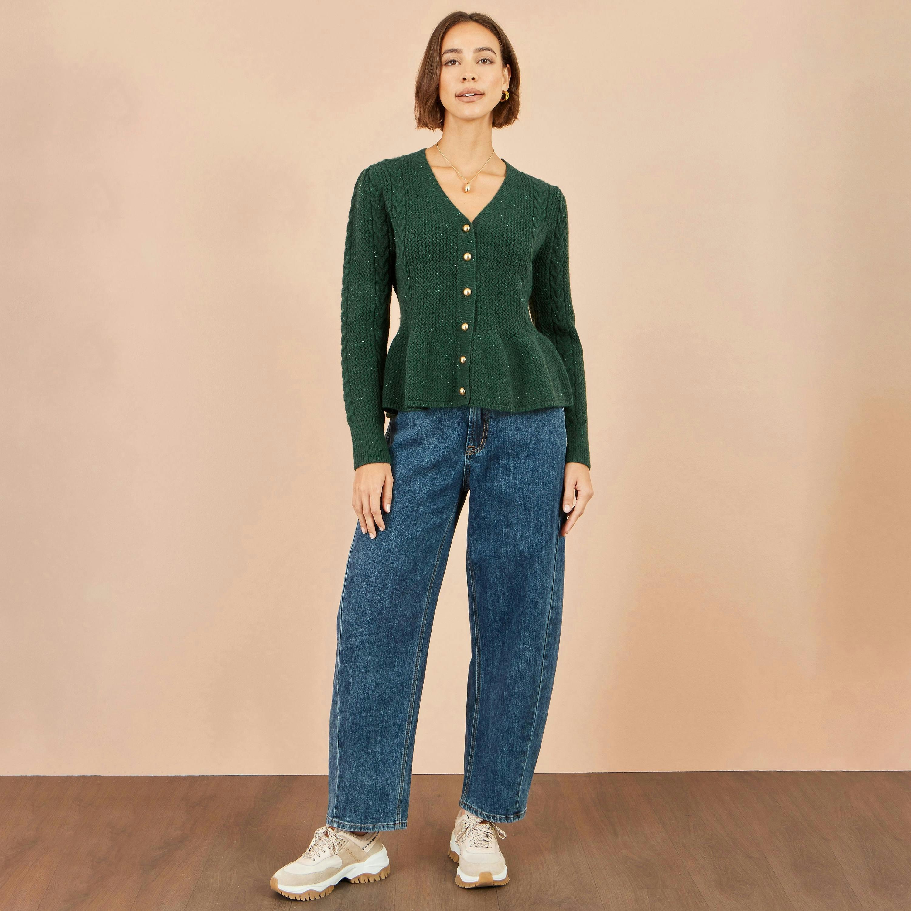 Yumi Green Cable Knit Peplum Cardigan | Clarks UK
