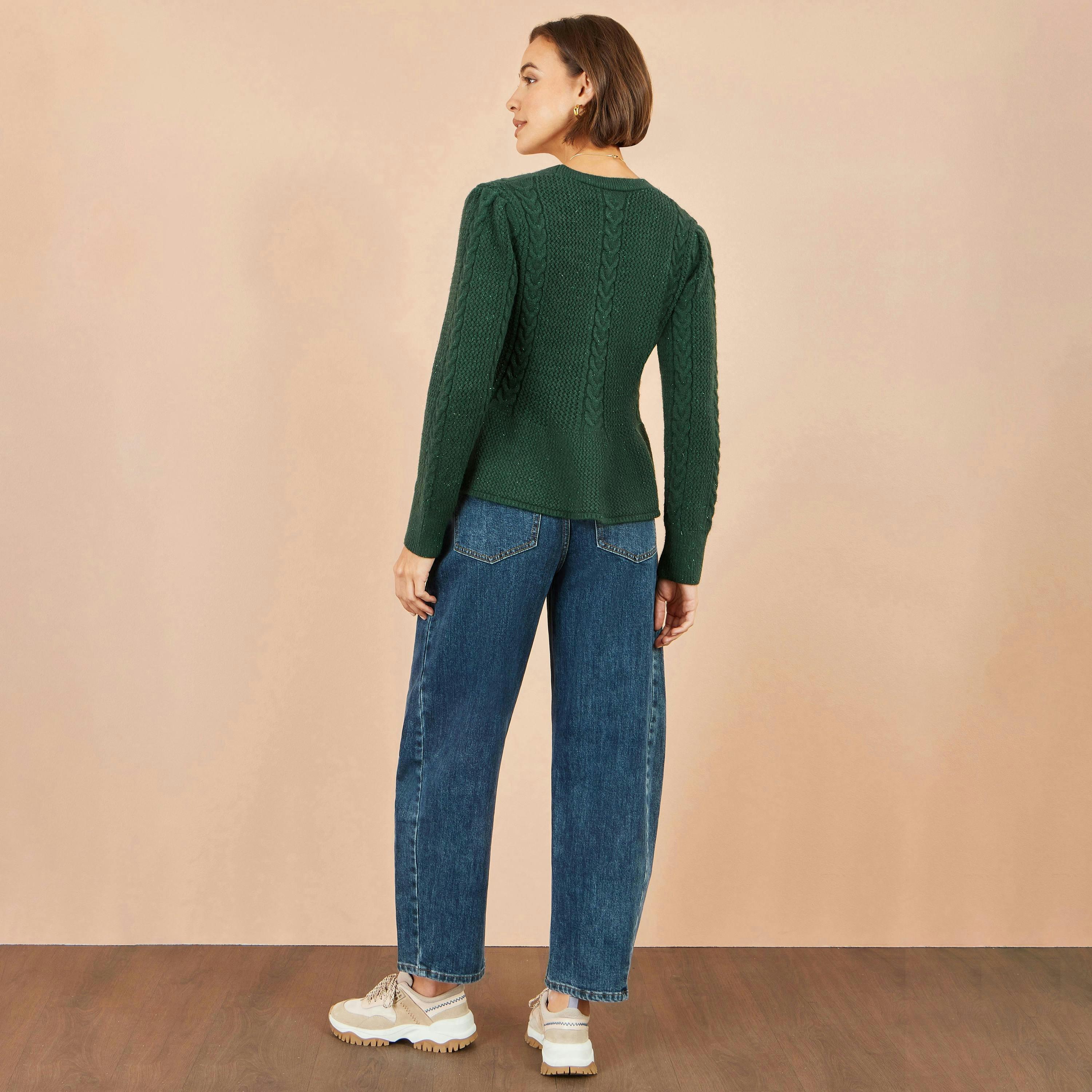Yumi Green Cable Knit Peplum Cardigan , view 3 of 5
