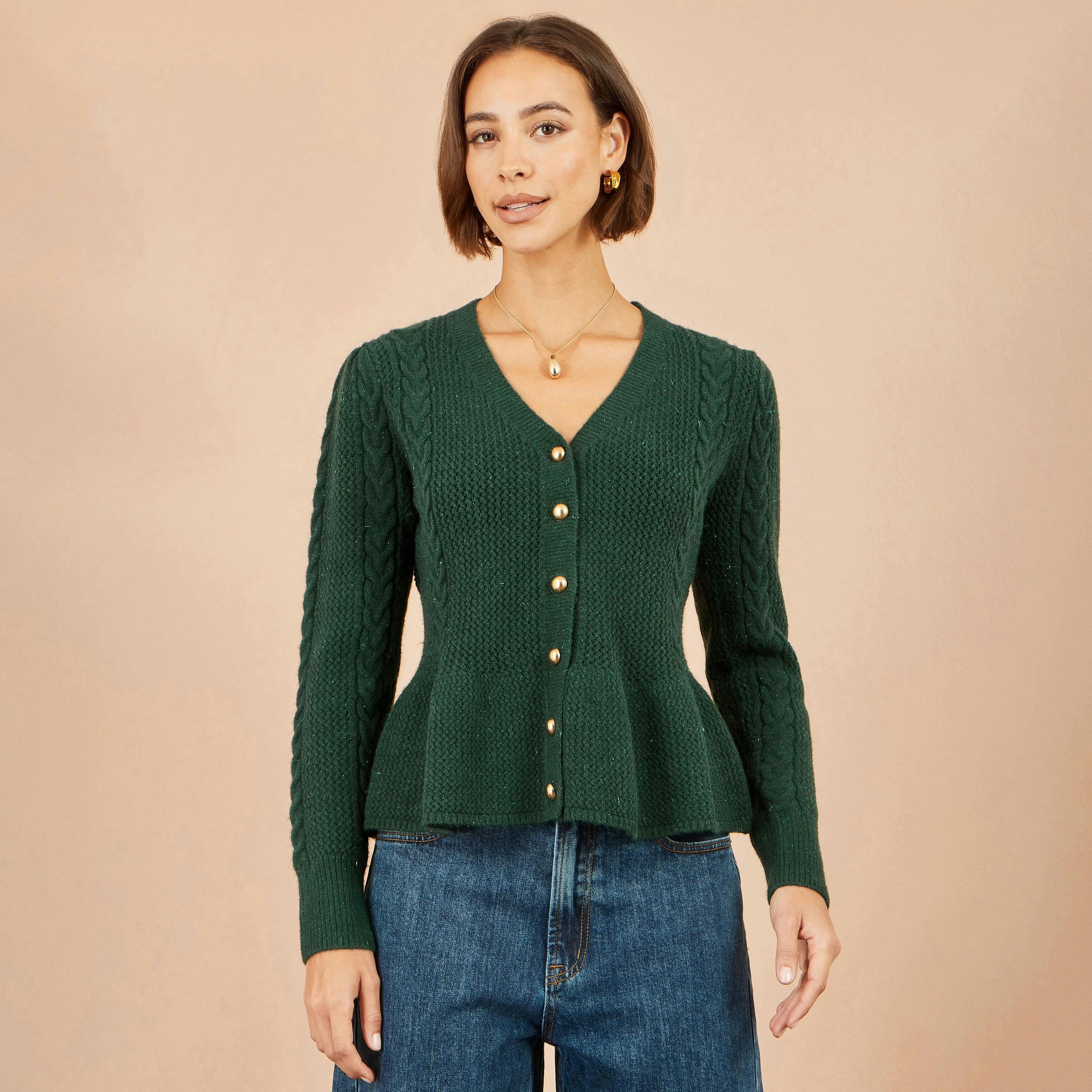 Yumi Green Cable Knit Peplum Cardigan , view 5 of 5