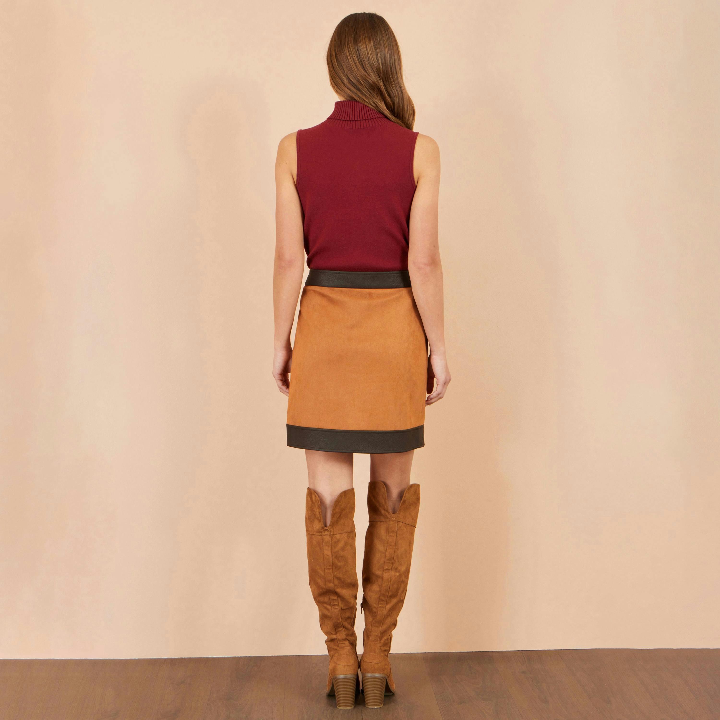 Yumi Brown Faux Suede Border Skirt , view 2 of 3