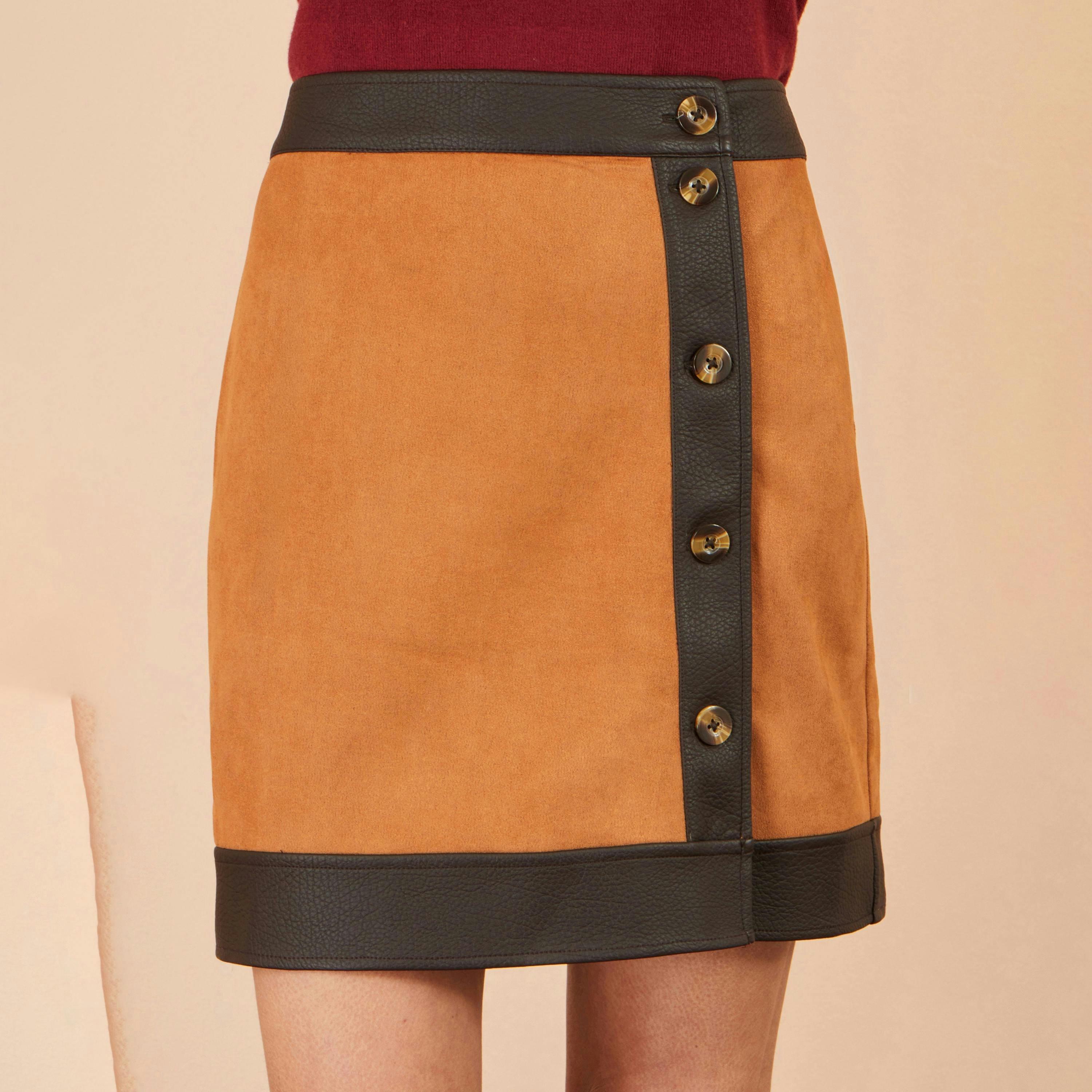 Yumi Brown Faux Suede Border Skirt , view 3 of 3