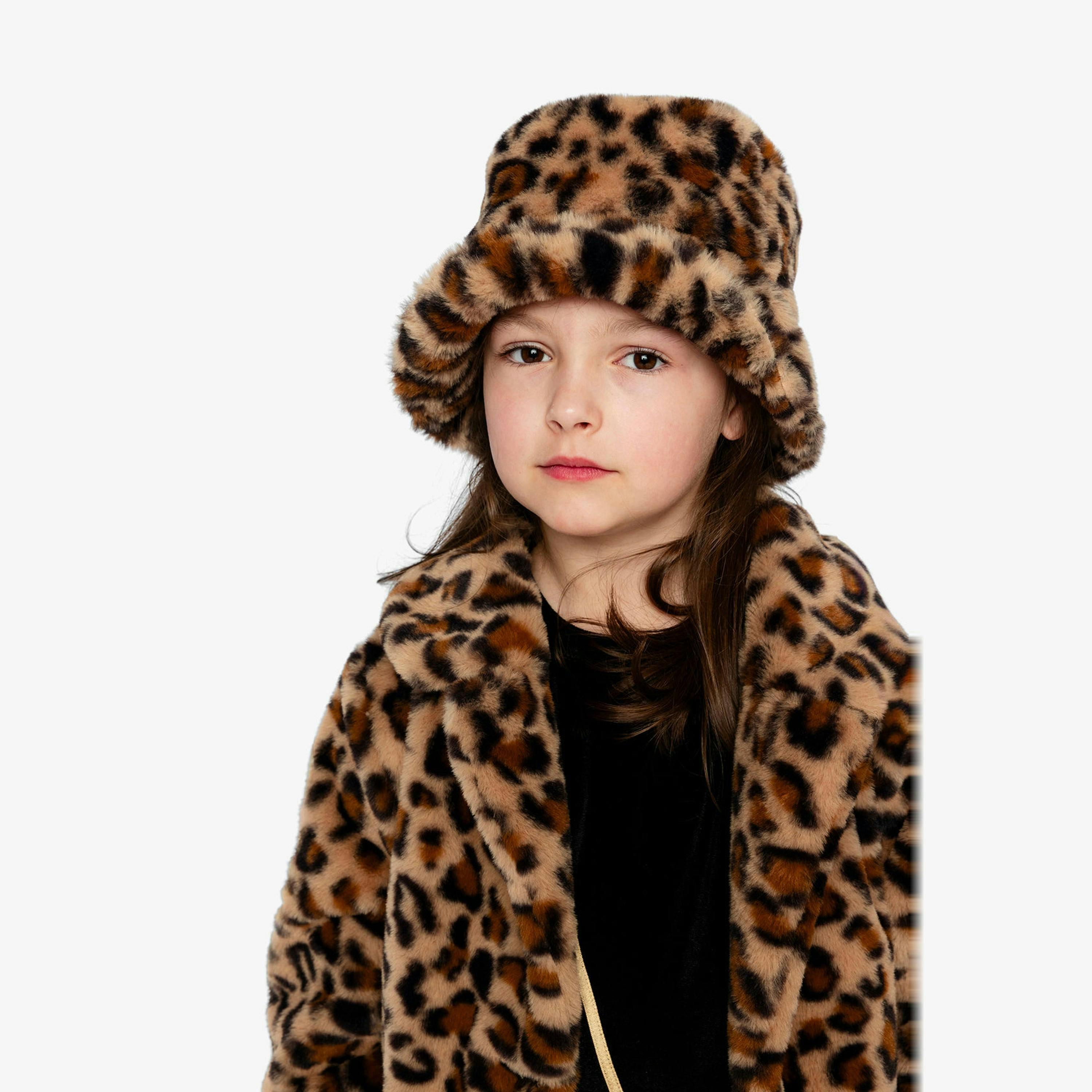Faux Fur Bucket Hat Brown Leopard Print , view 2 of 4