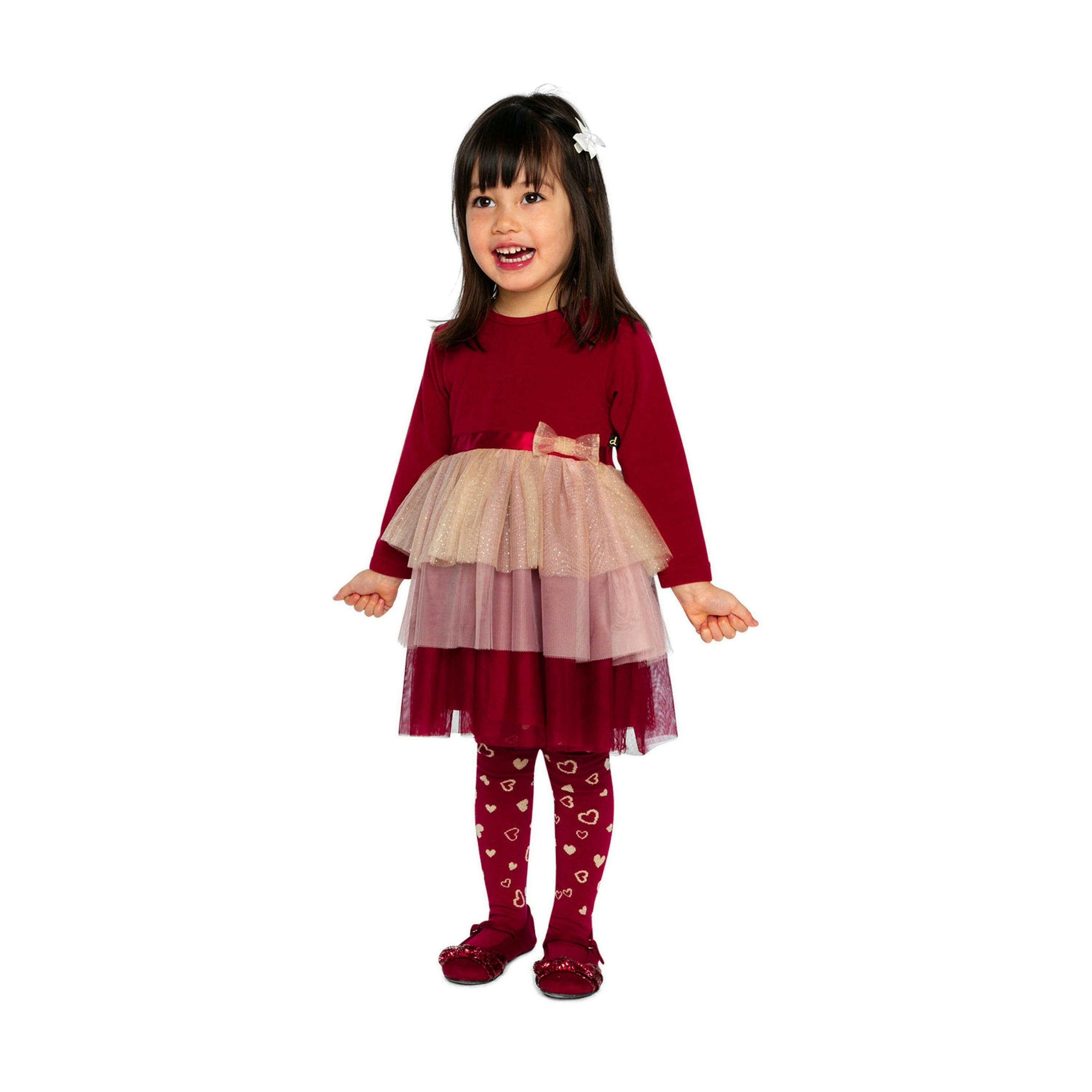 Bi-Material Dress With Glittering Skirt Red , view 3 of 6