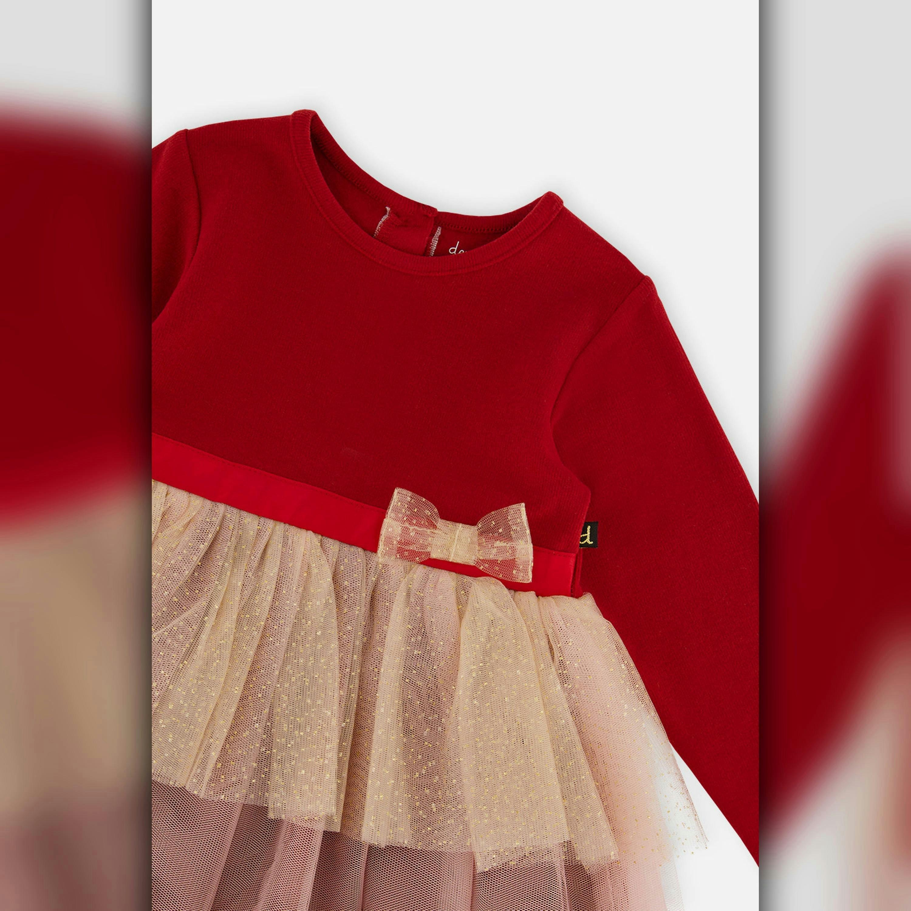 Baby Bi-Material Dress with Glittering Skirt Red , view 2 of 2