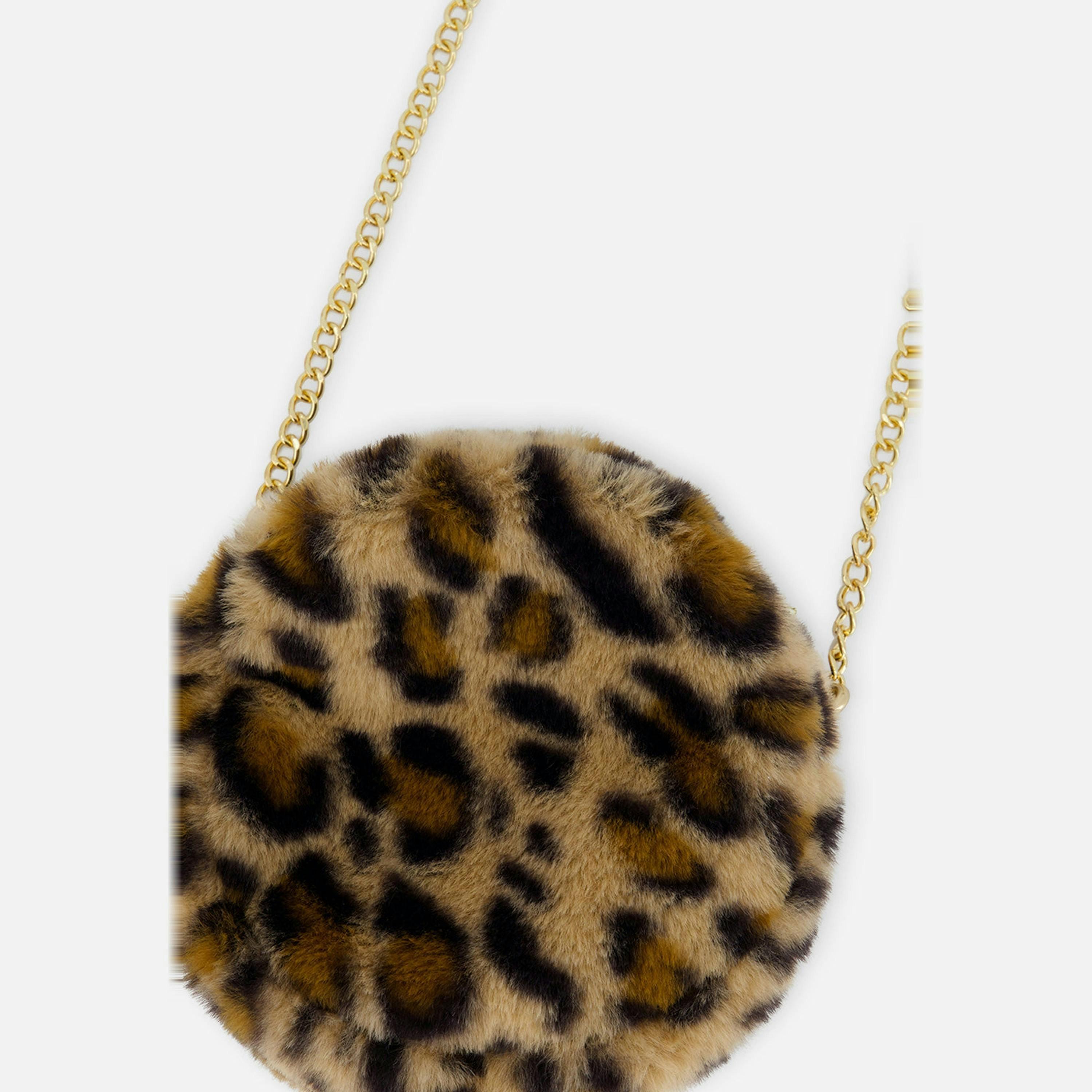 Faux Fur Shoulder Bag Brown Leopard Print , view 4 of 5
