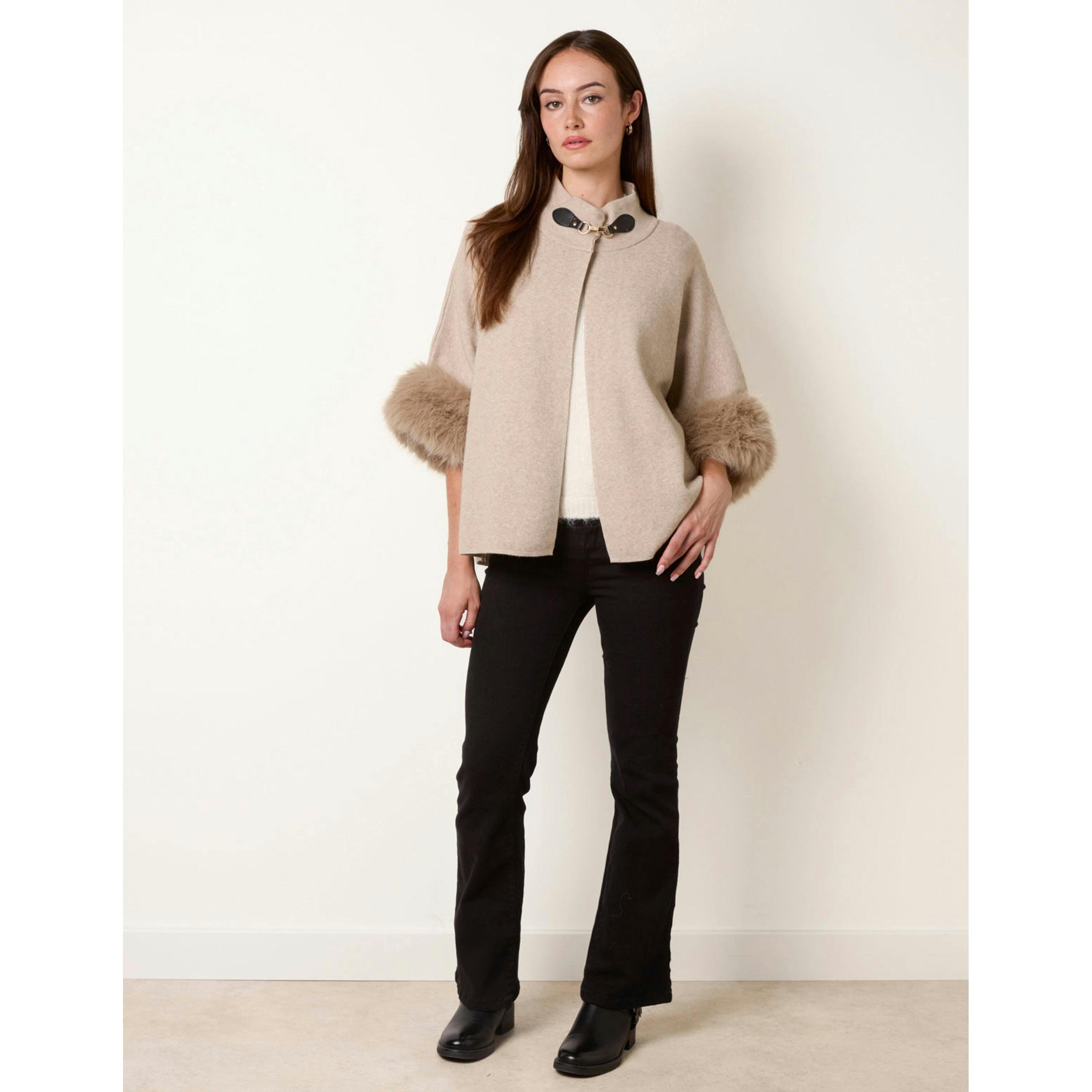 Blue Vanilla Faux Fur Cuff Funnel Neck Poncho  in Beige , view 1 of 4
