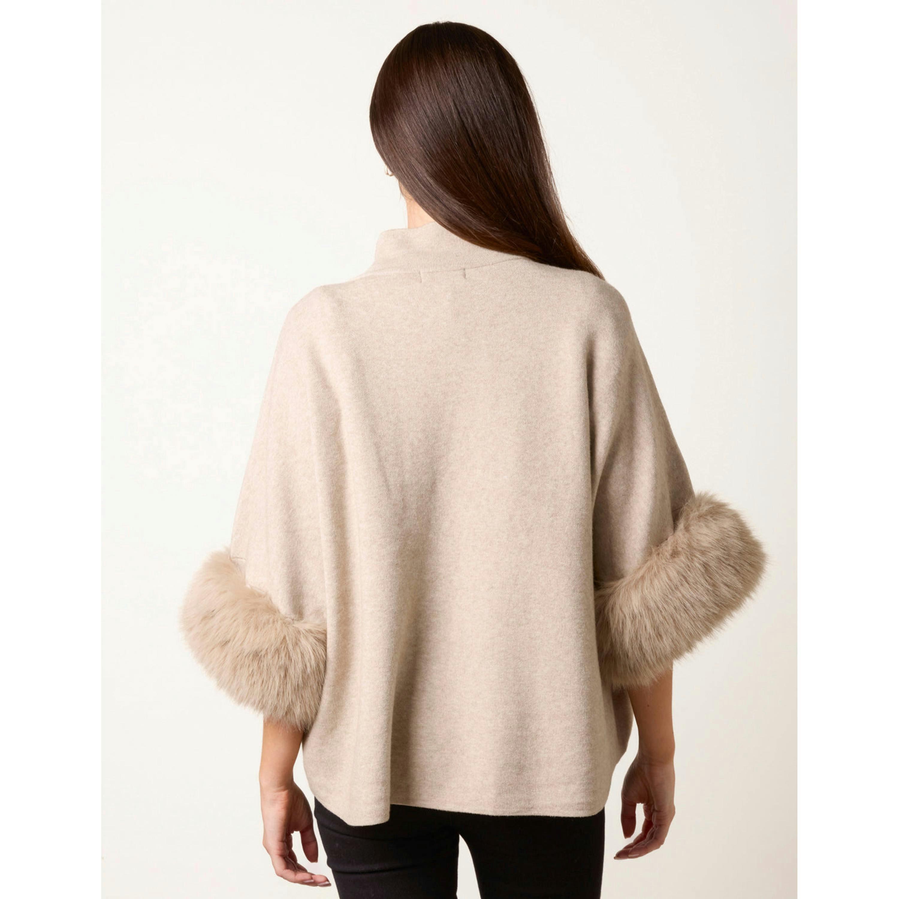 Blue Vanilla Faux Fur Cuff Funnel Neck Poncho  in Beige , view 2 of 4