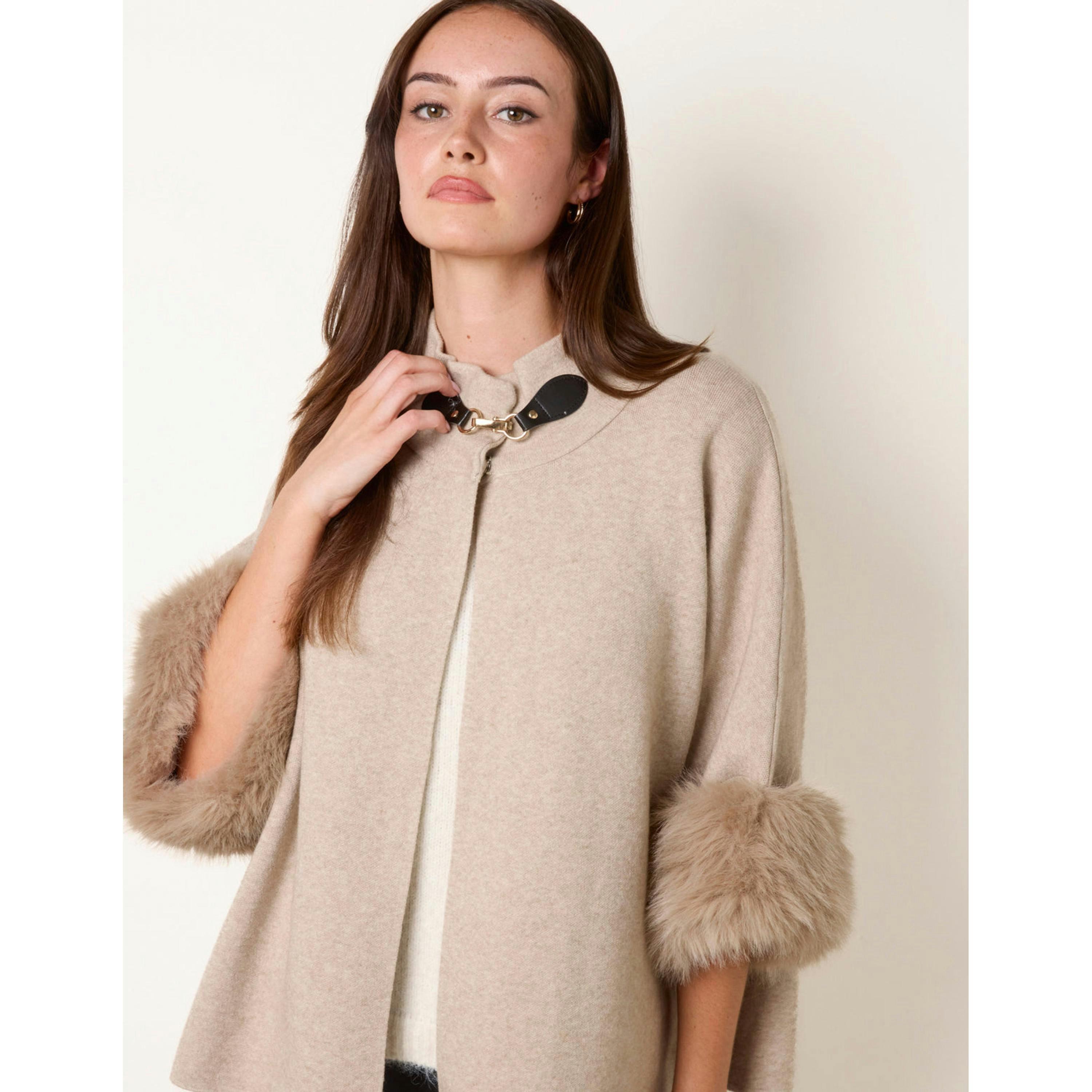 Blue Vanilla Faux Fur Cuff Funnel Neck Poncho  in Beige , view 3 of 4