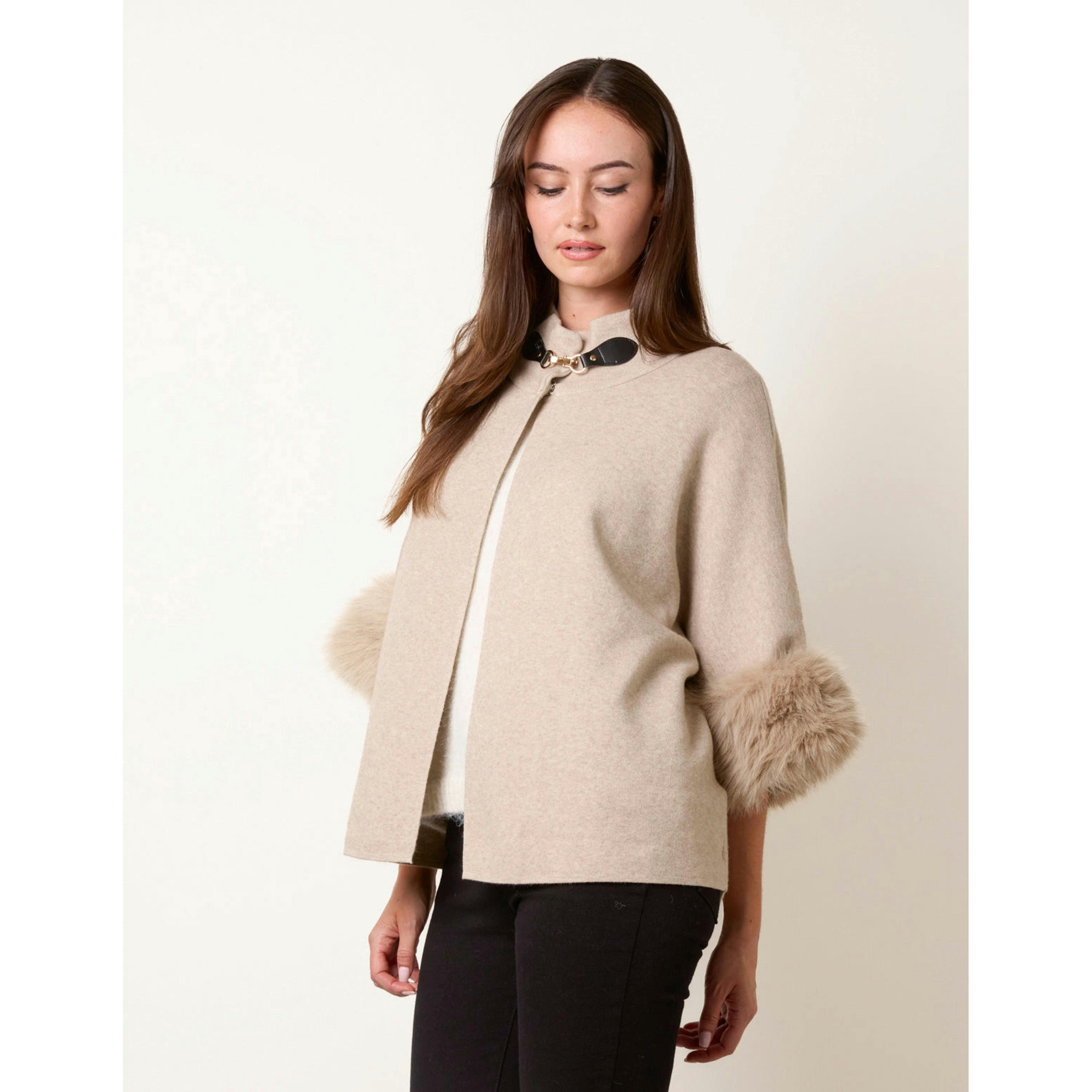Blue Vanilla Faux Fur Cuff Funnel Neck Poncho  in Beige , view 4 of 4