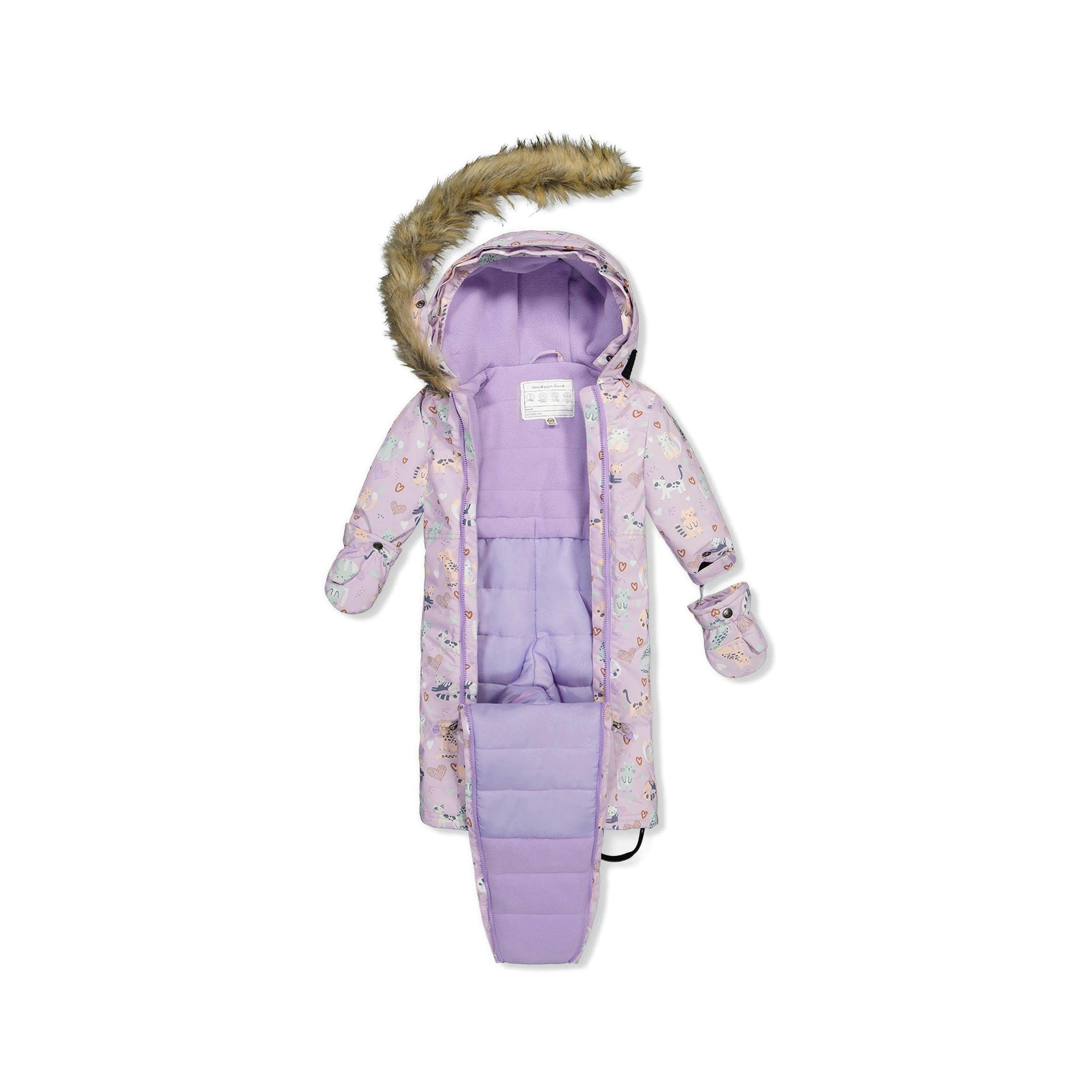 Baby One Piece Snowsuit Adapted For Car Seats Purple Cat Print , view 5 of 6
