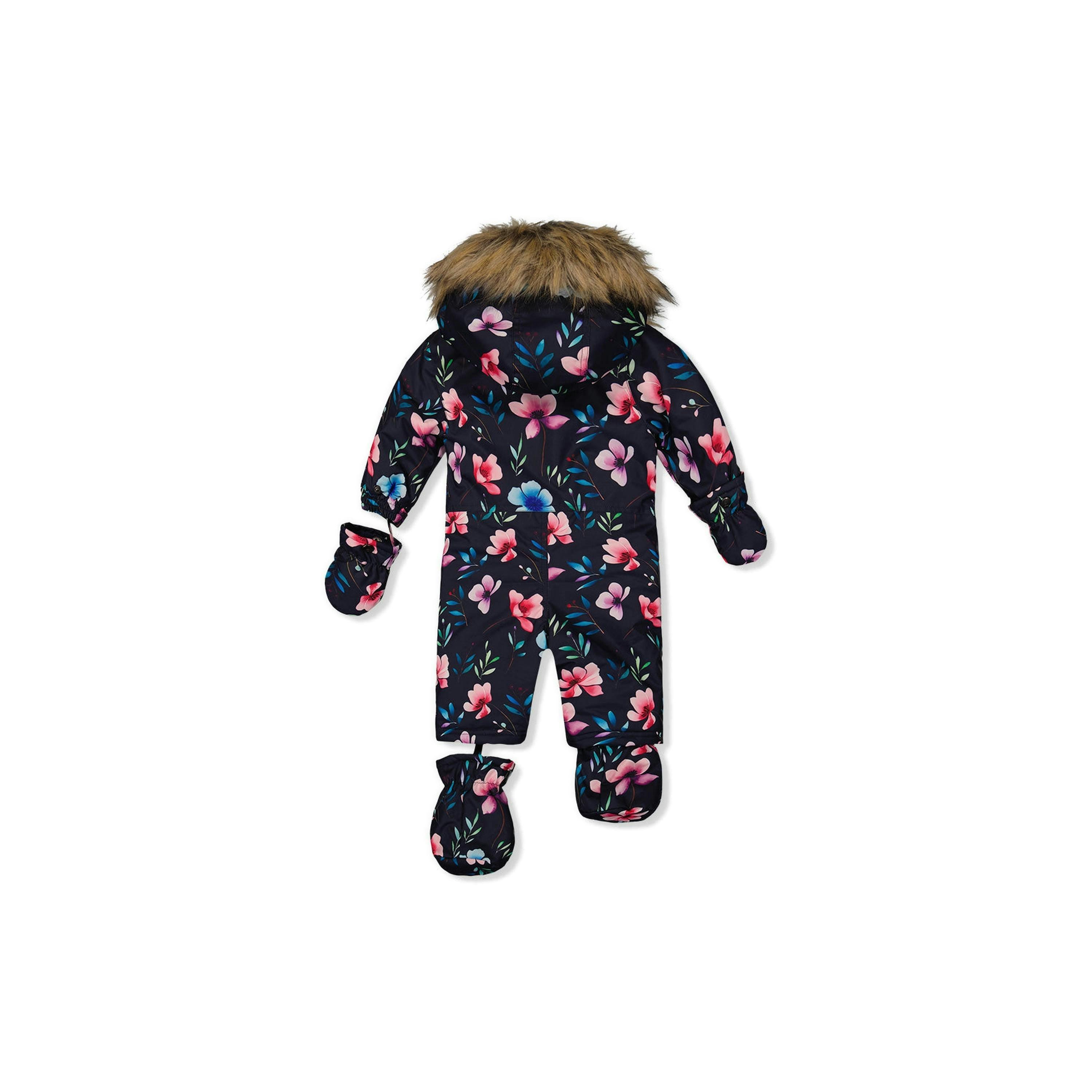 Baby One Piece Snowsuit Adapted For Car Seats Blue Floral Print , view 4 of 6