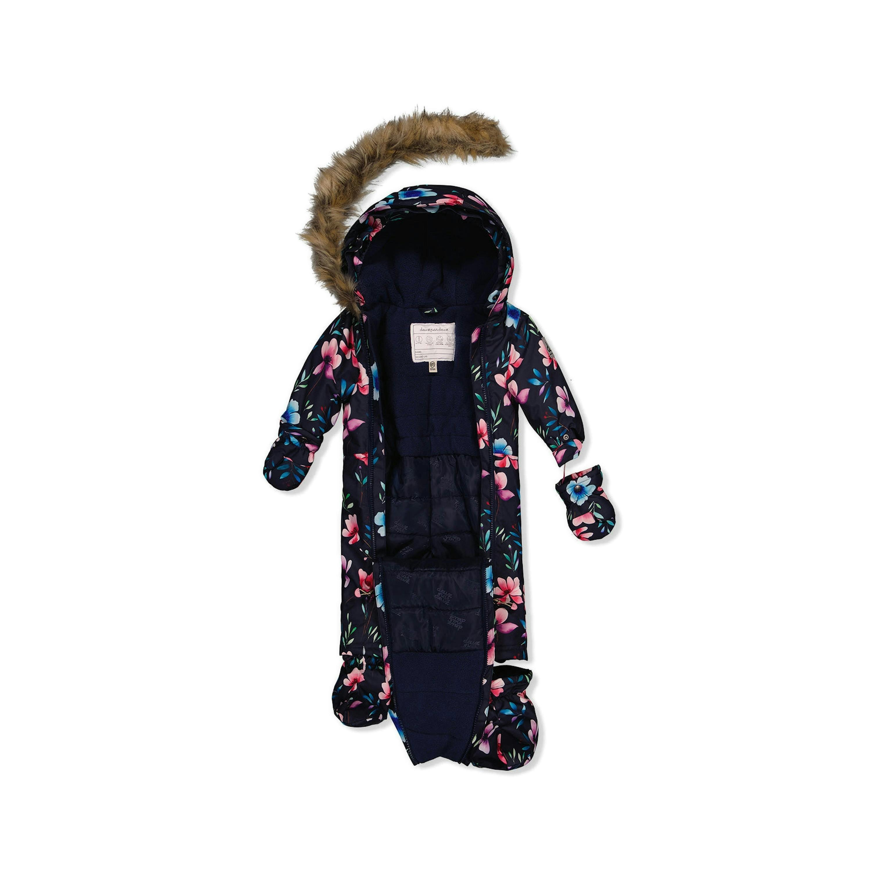 Baby One Piece Snowsuit Adapted For Car Seats Blue Floral Print , view 5 of 6