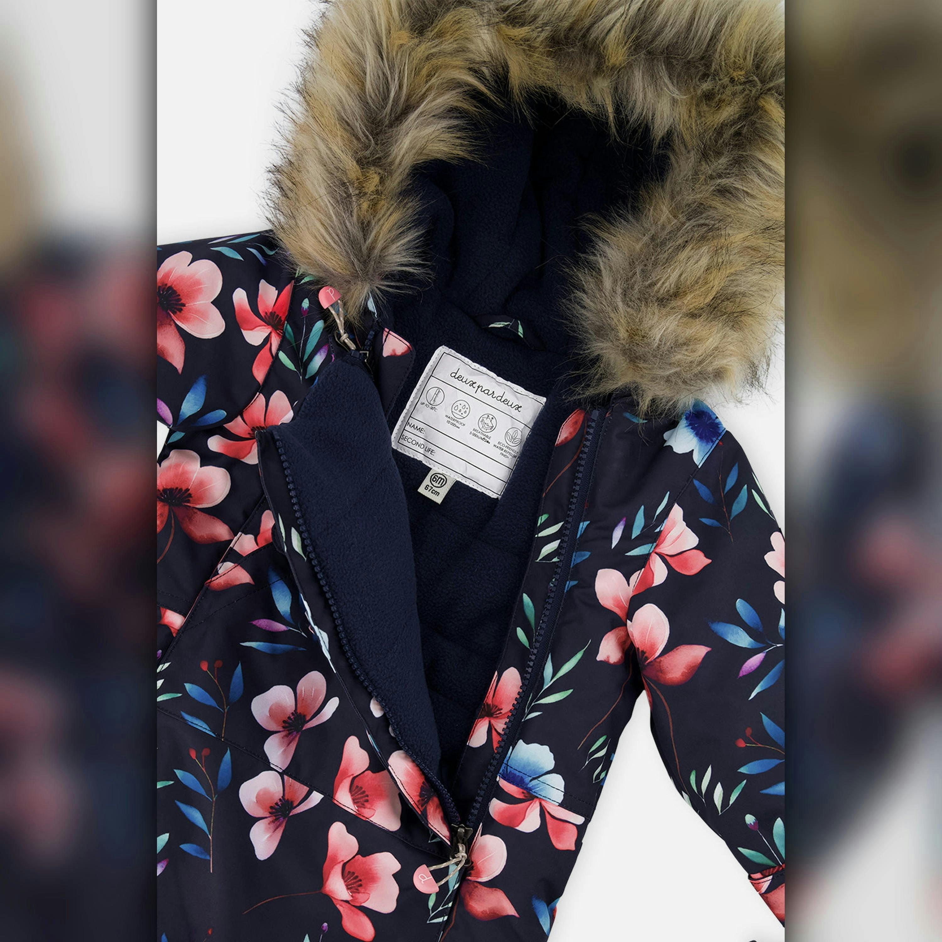 Baby One Piece Snowsuit Adapted For Car Seats Blue Floral Print , view 6 of 6