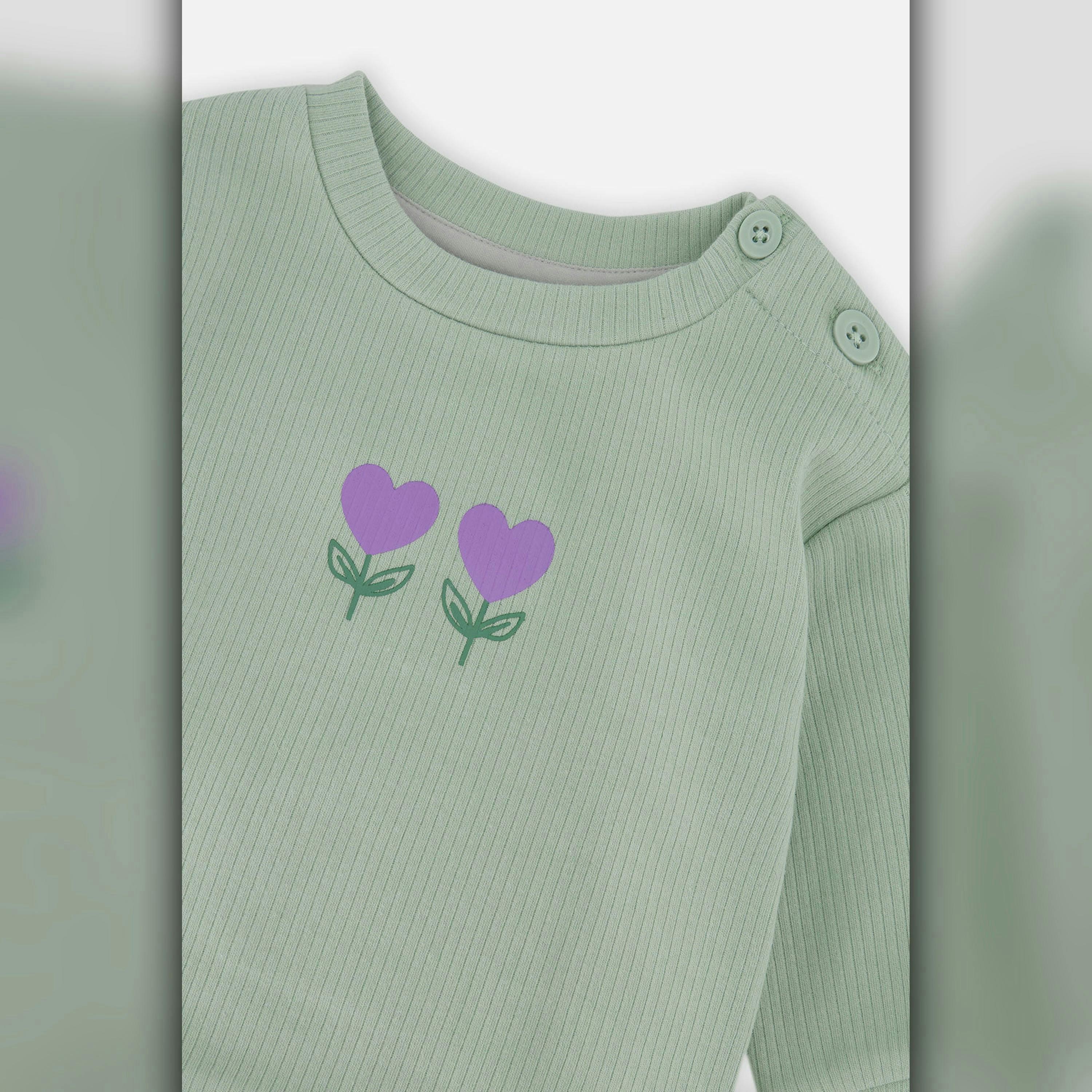 Organic Cotton Pants And Top Set Green And Beige Heart Print , view 3 of 4
