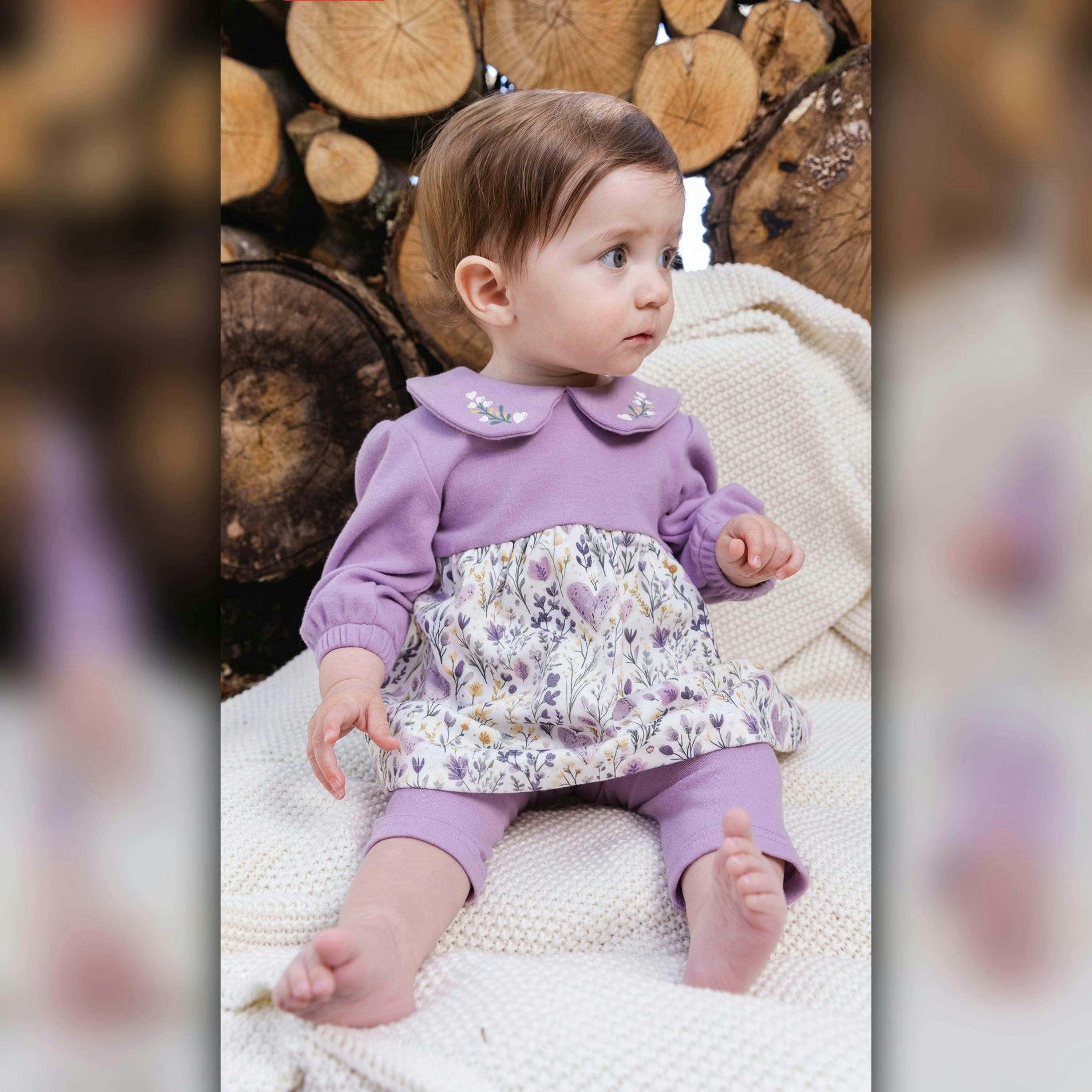 Organic Cotton Dress And Legging Set Beige With Heart Print , view 2 of 4
