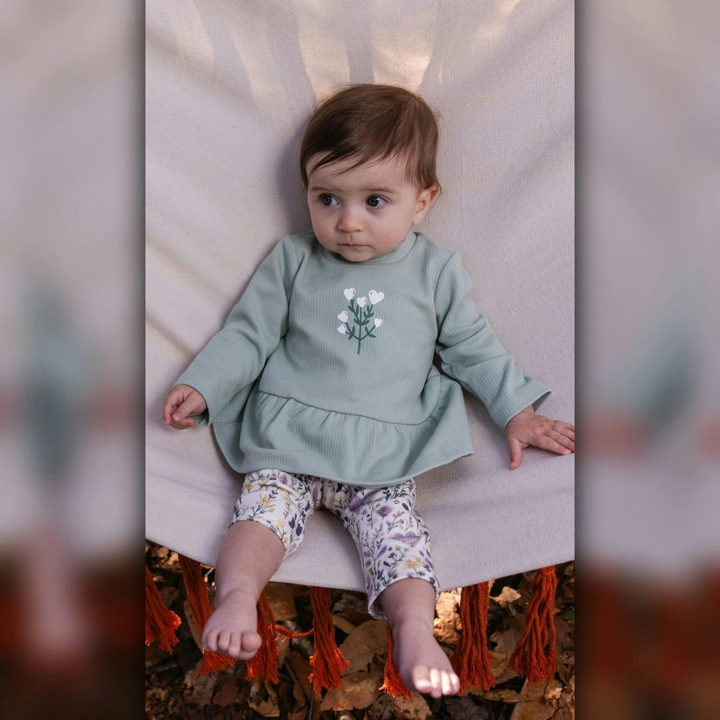 Organic Cotton Peplum Tunic And Legging Set Green And Beige Heart Print , view 2 of 4