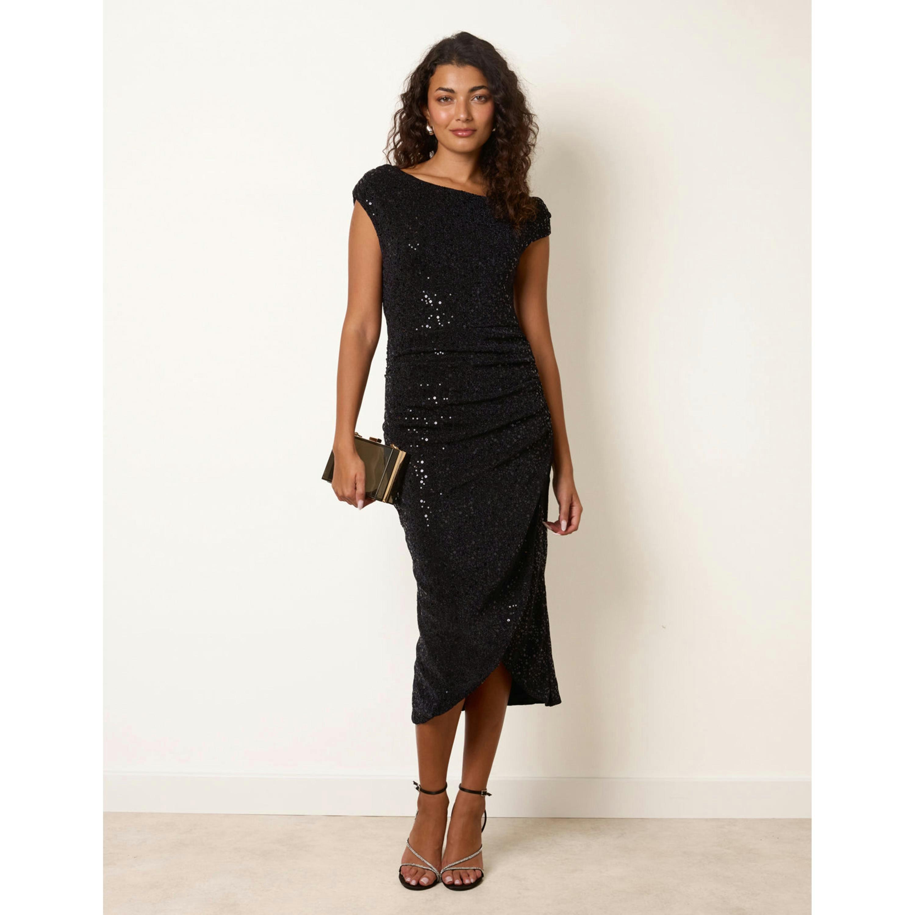 Blue Vanilla Off Shoulder Ruched Sequin Midi Dress  in Navy , view 1 of 4