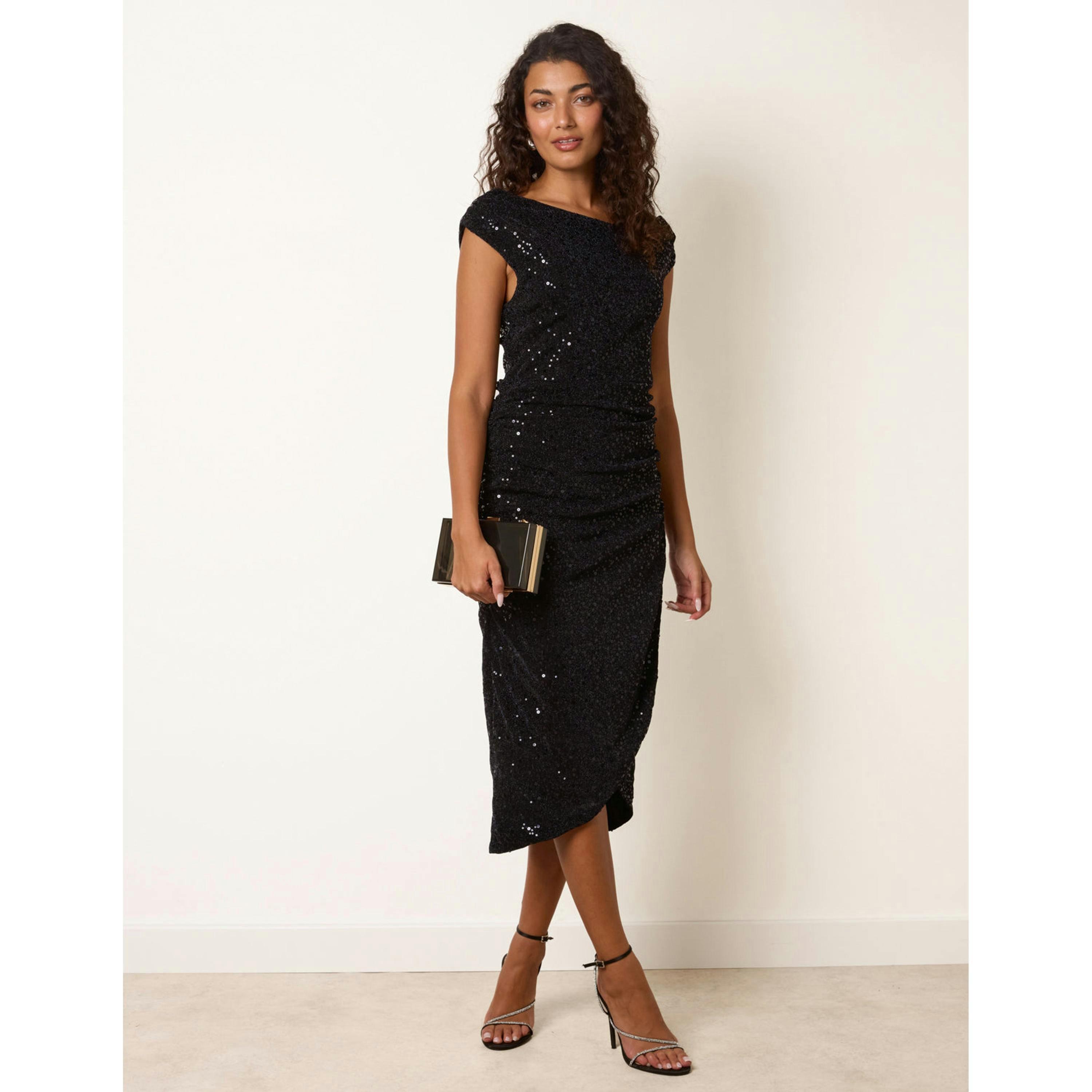 Blue Vanilla Off Shoulder Ruched Sequin Midi Dress  in Navy , view 4 of 4