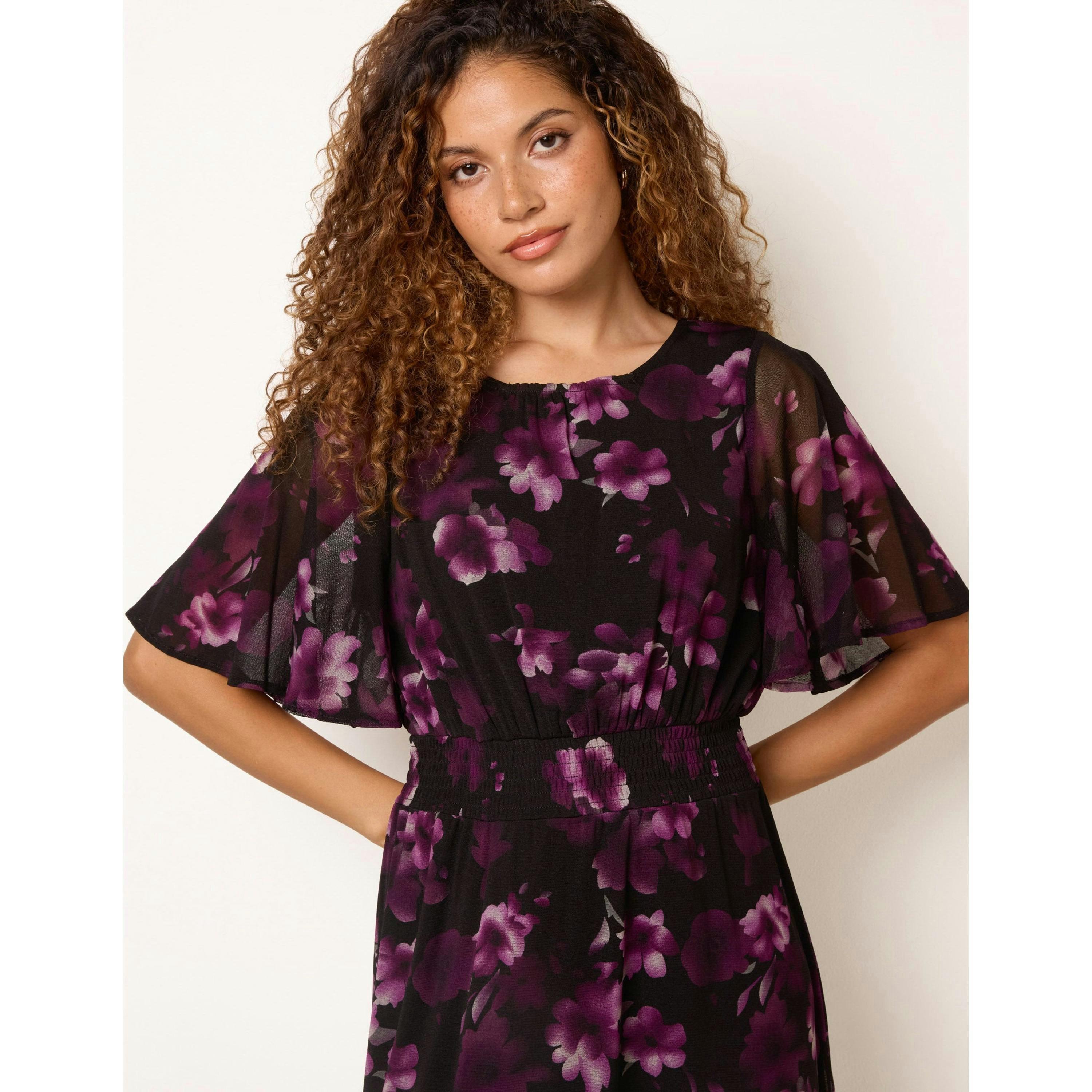 Blue Vanilla Mesh Floral Crew Midi Dress  in Black , view 3 of 4