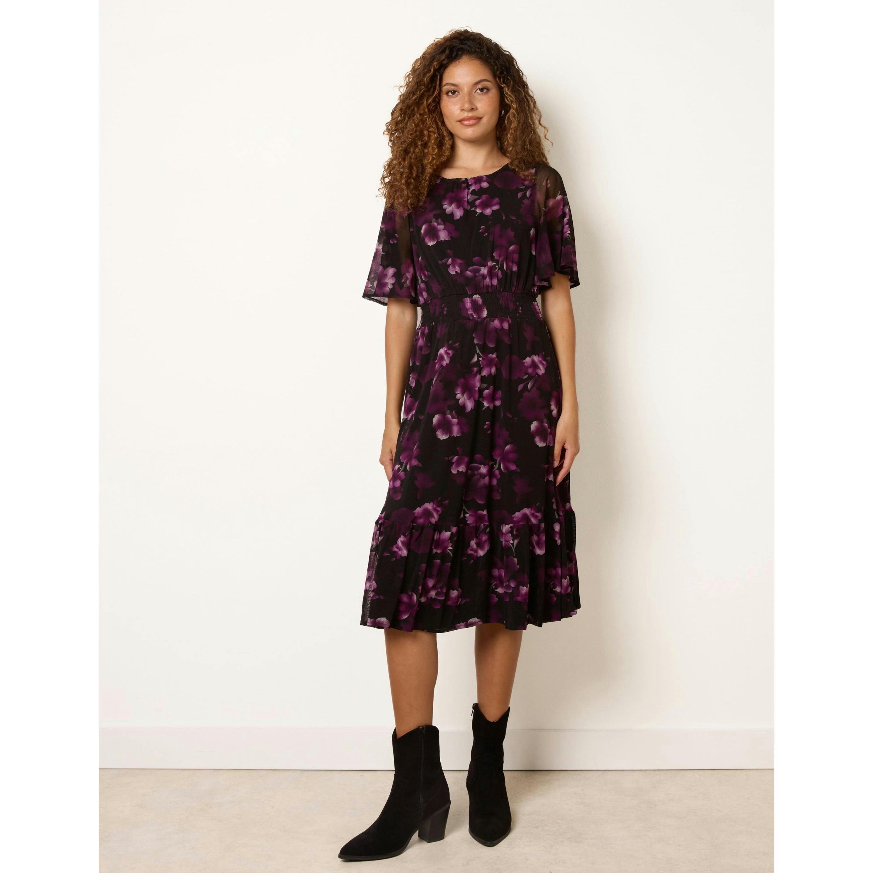 Blue Vanilla Mesh Floral Crew Midi Dress  in Black , view 4 of 4