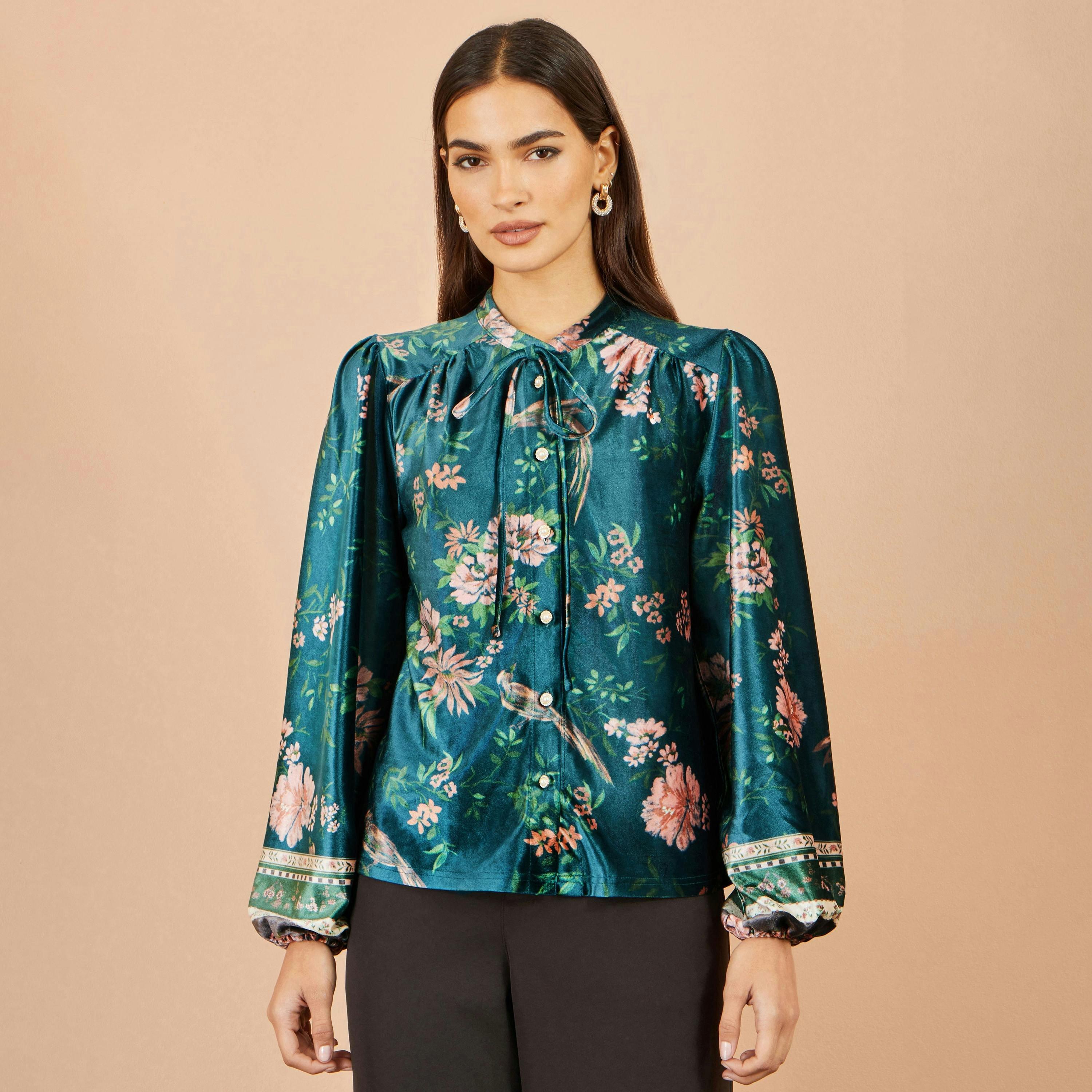 Yumi Green Floral Velvet Blouse With Tie Neckline , view 2 of 5