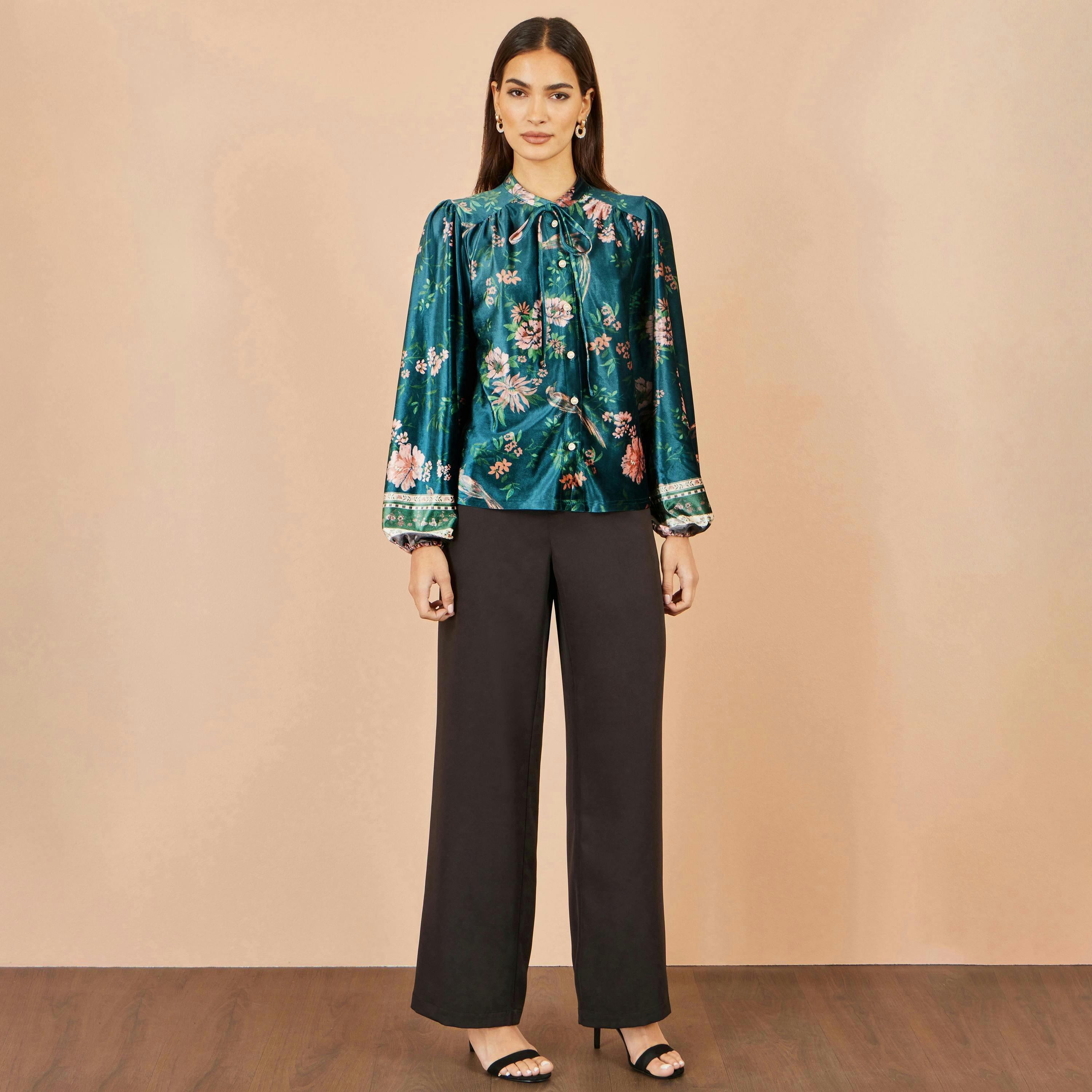 Yumi Green Floral Velvet Blouse With Tie Neckline , view 3 of 5