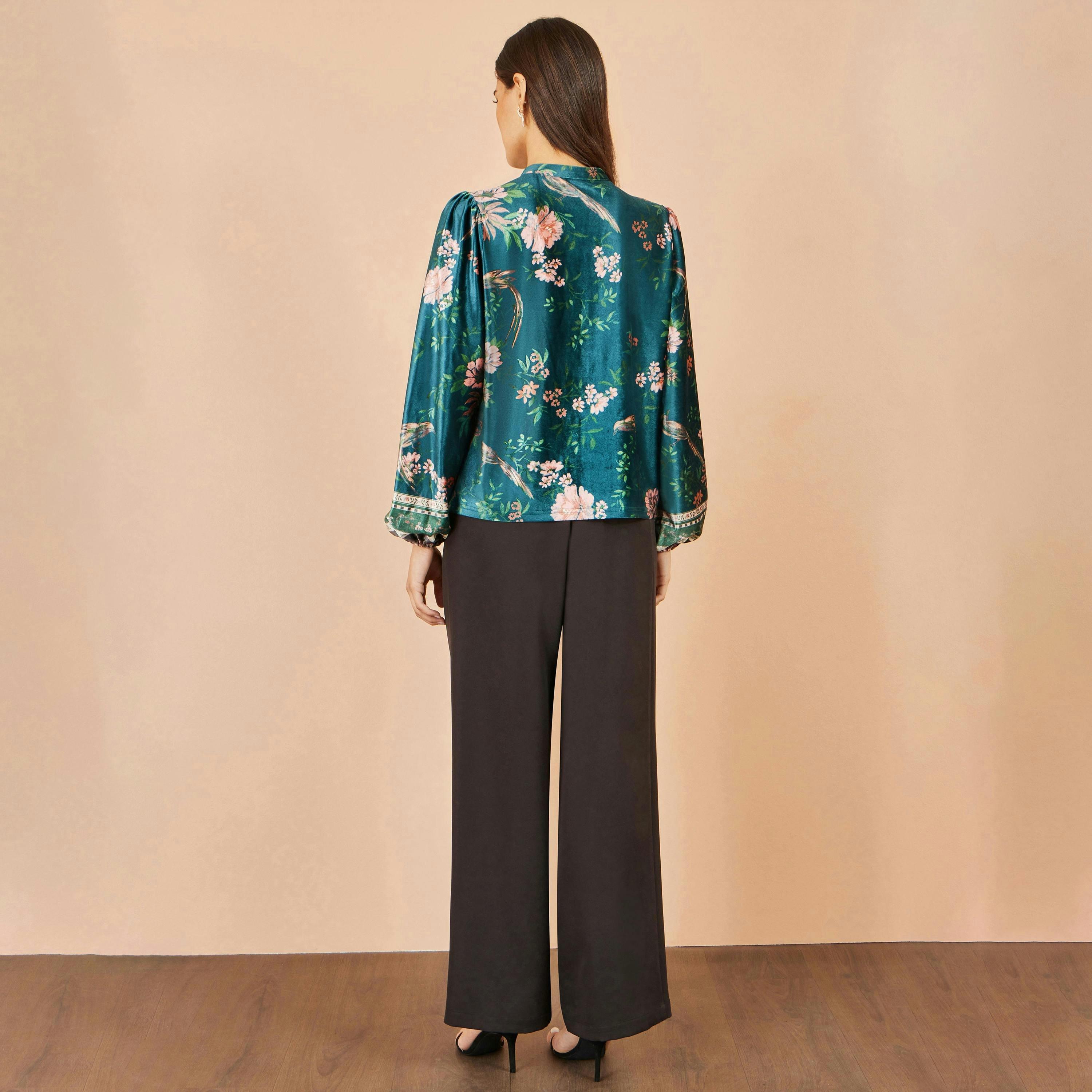 Yumi Green Floral Velvet Blouse With Tie Neckline , view 4 of 5