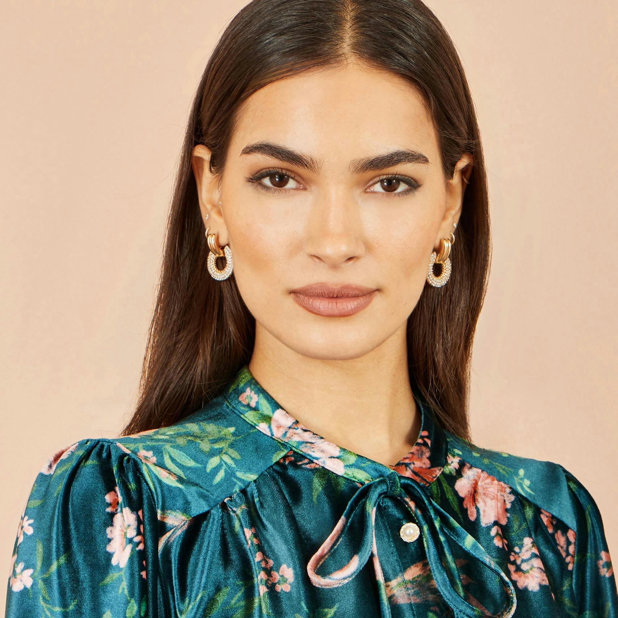 Yumi Green Floral Velvet Blouse With Tie Neckline , view 5 of 5