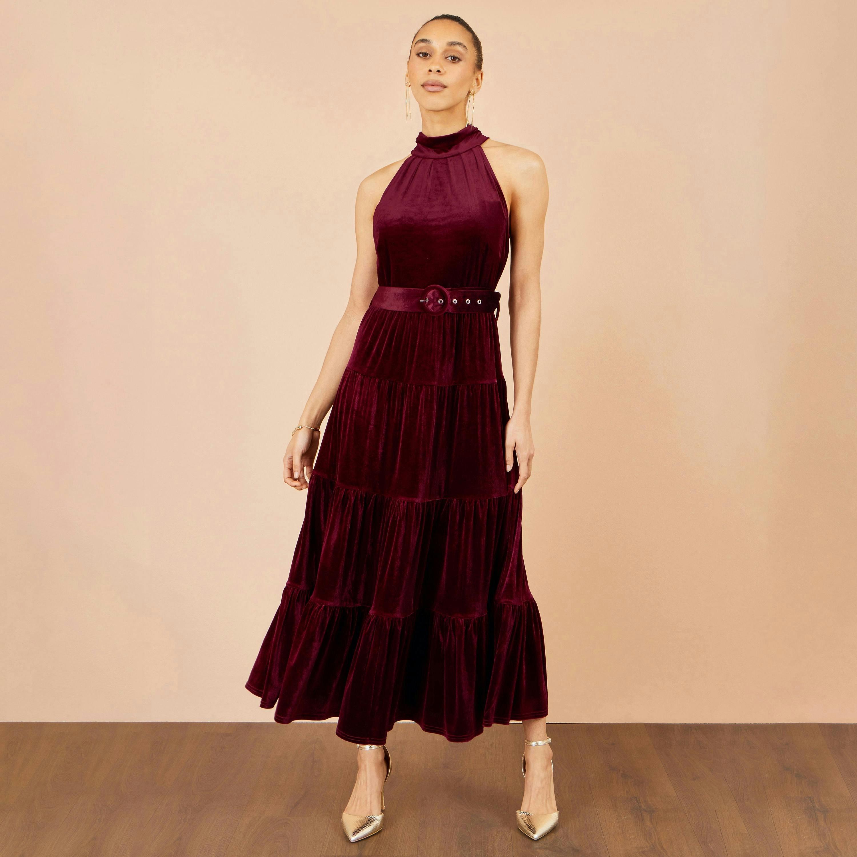Yumi Burgundy Velvet Halter Maxi Dress With Belt , view 2 of 6