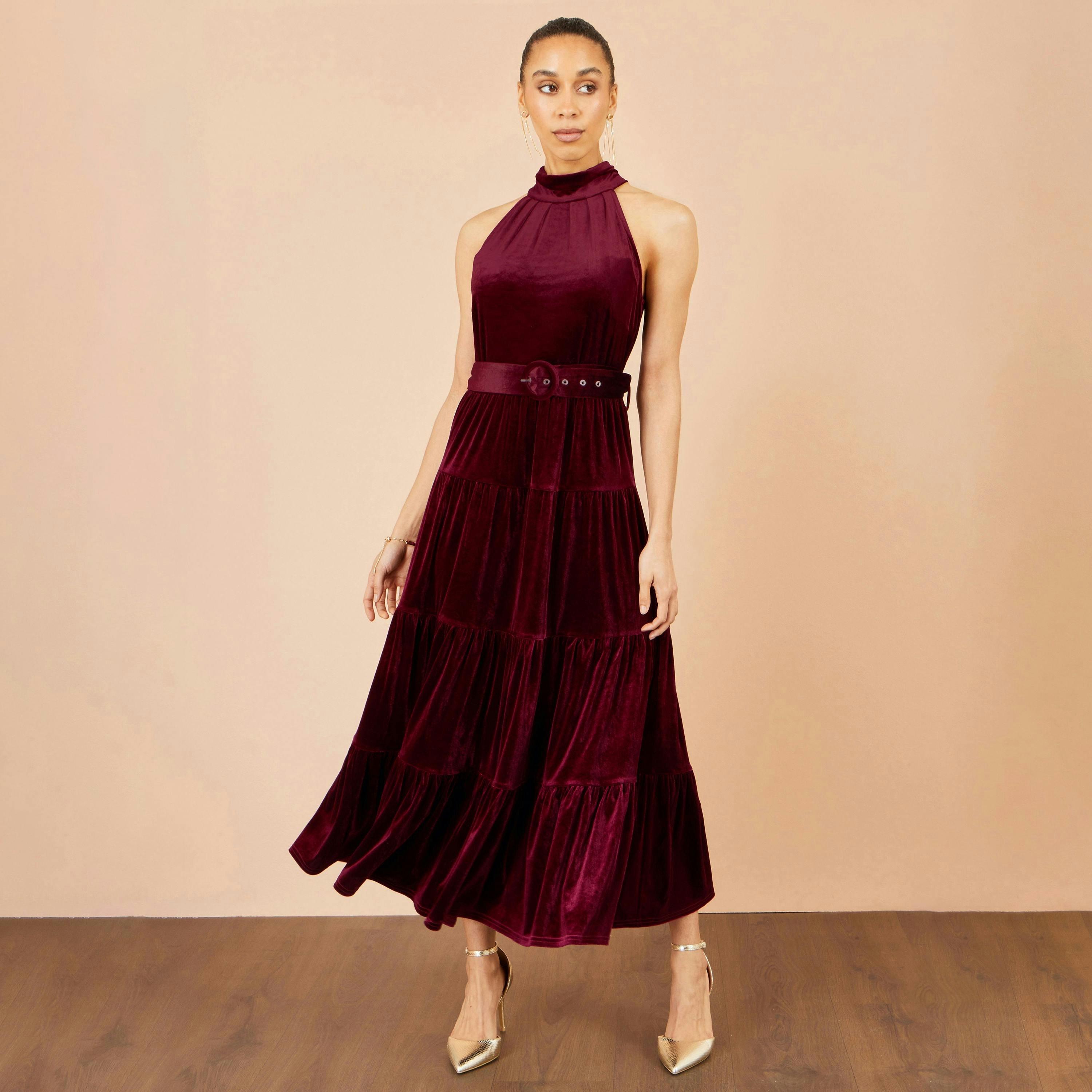 Yumi Burgundy Velvet Halter Maxi Dress With Belt , view 3 of 6