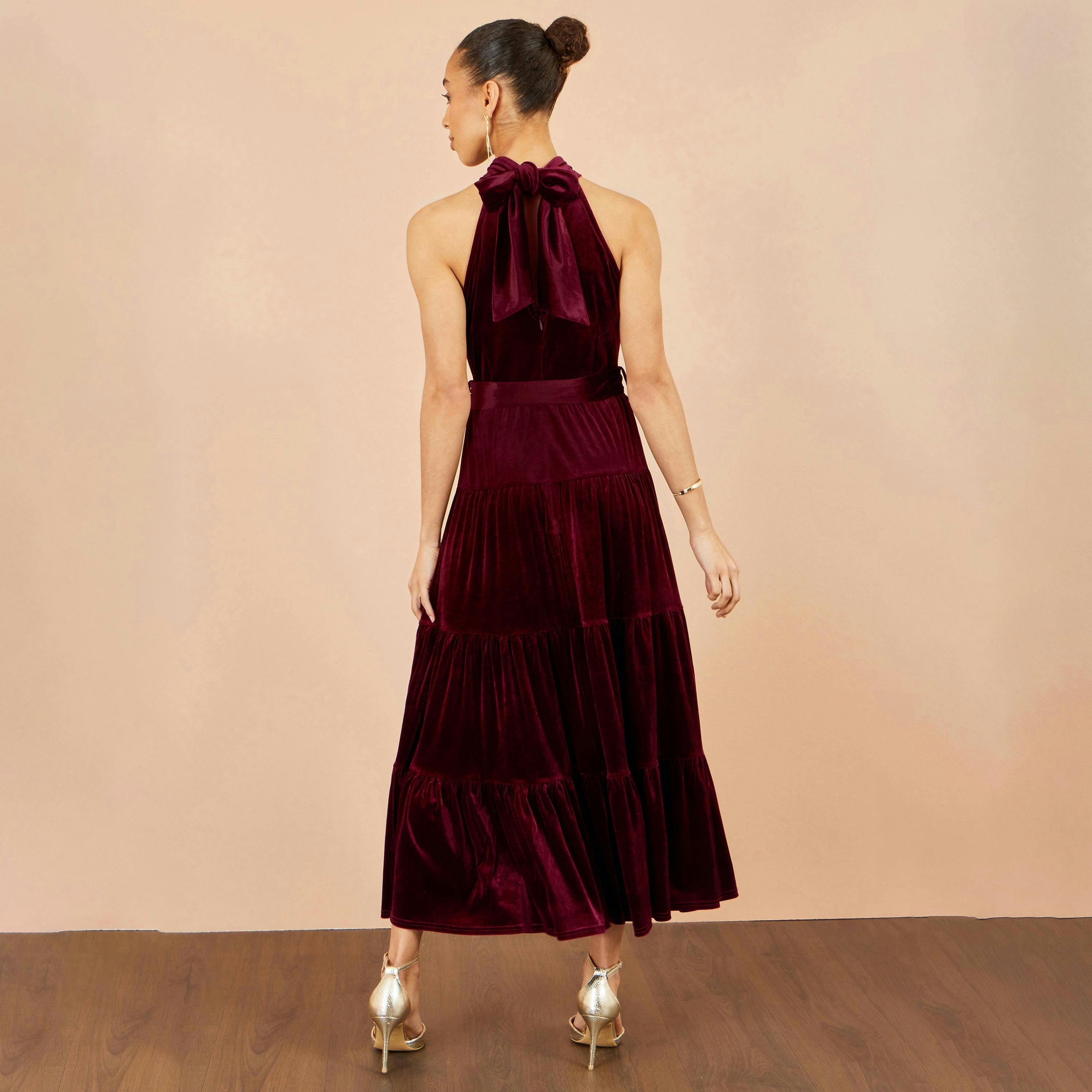 Yumi Burgundy Velvet Halter Maxi Dress With Belt , view 4 of 6