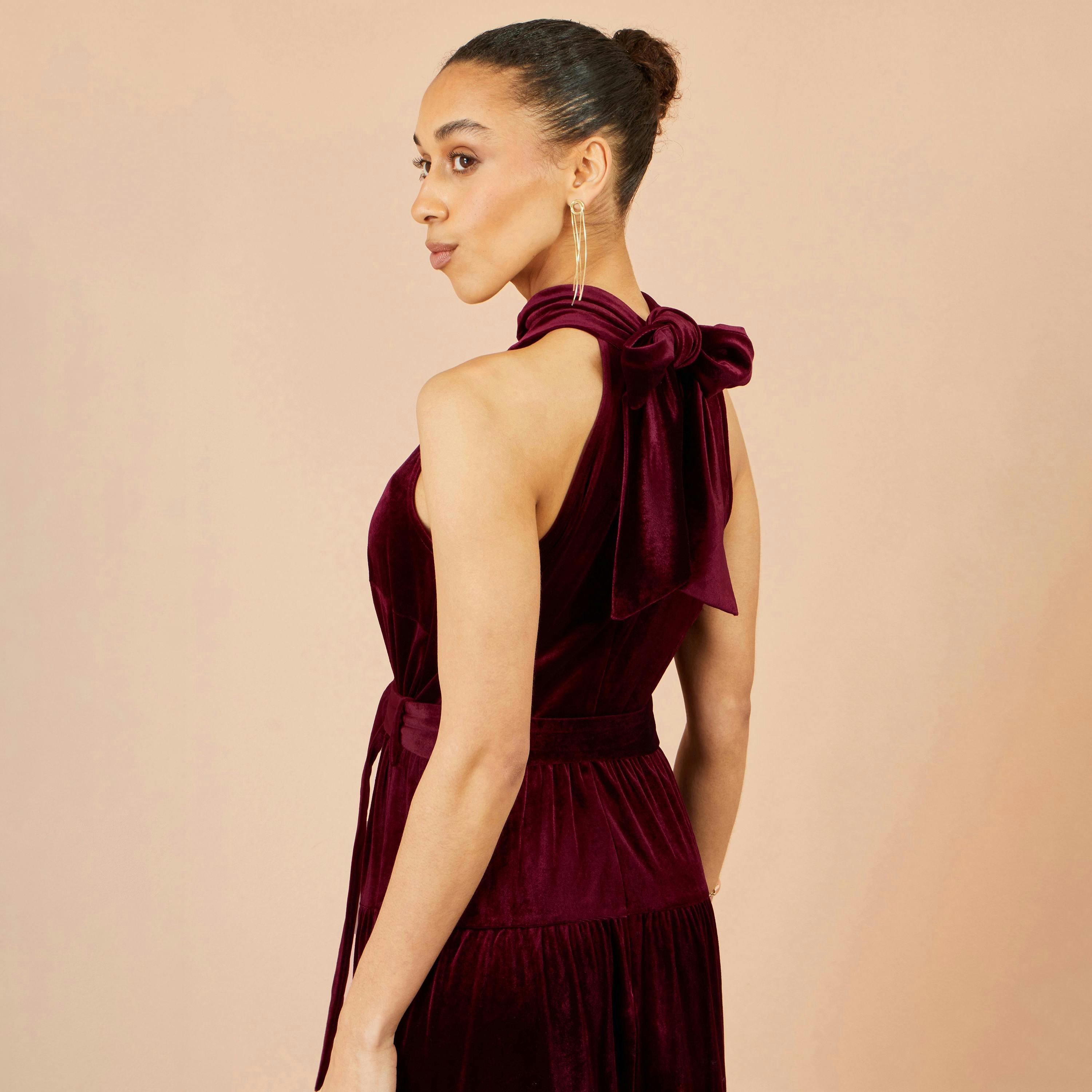 Yumi Burgundy Velvet Halter Maxi Dress With Belt , view 5 of 6