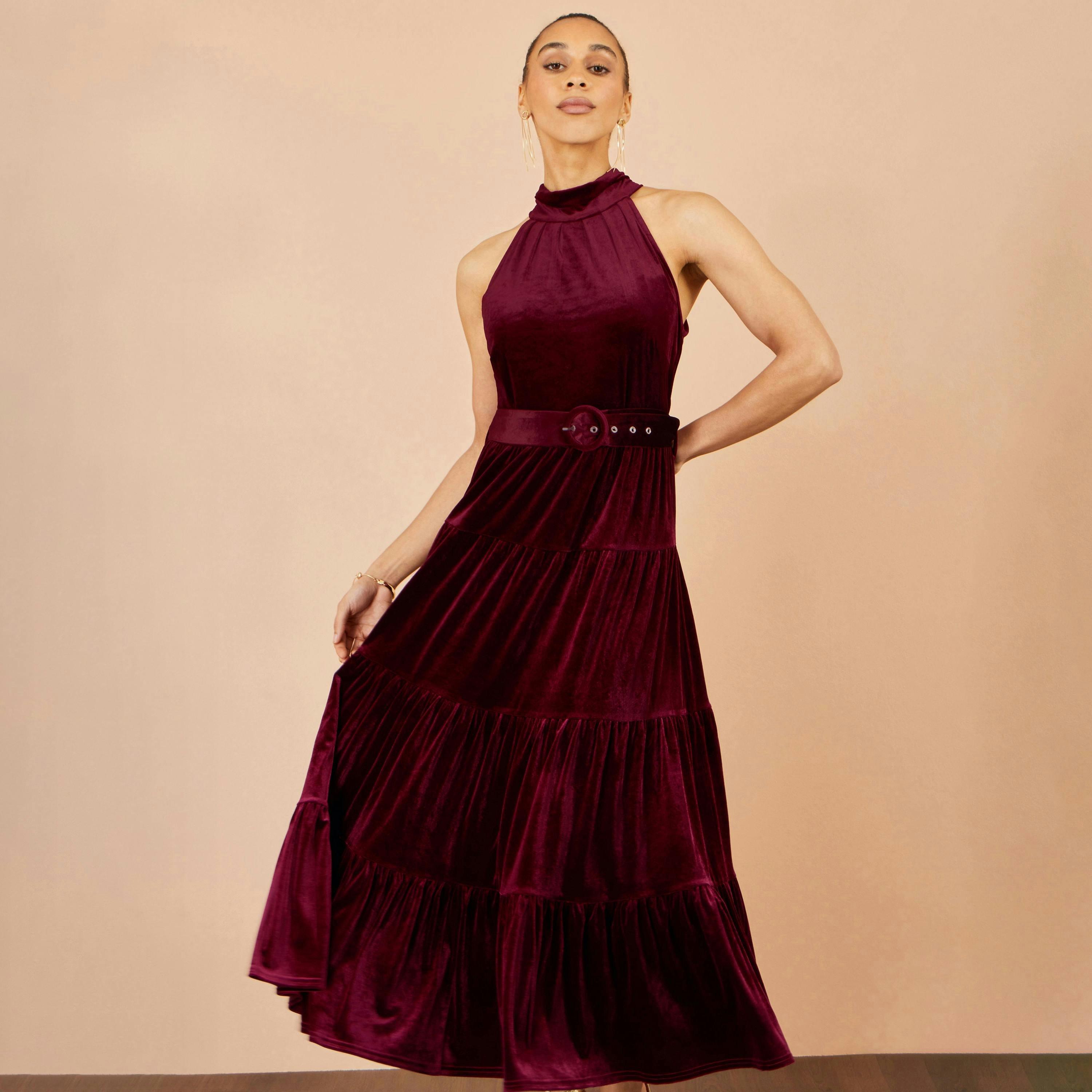 Yumi Burgundy Velvet Halter Maxi Dress With Belt , view 6 of 6