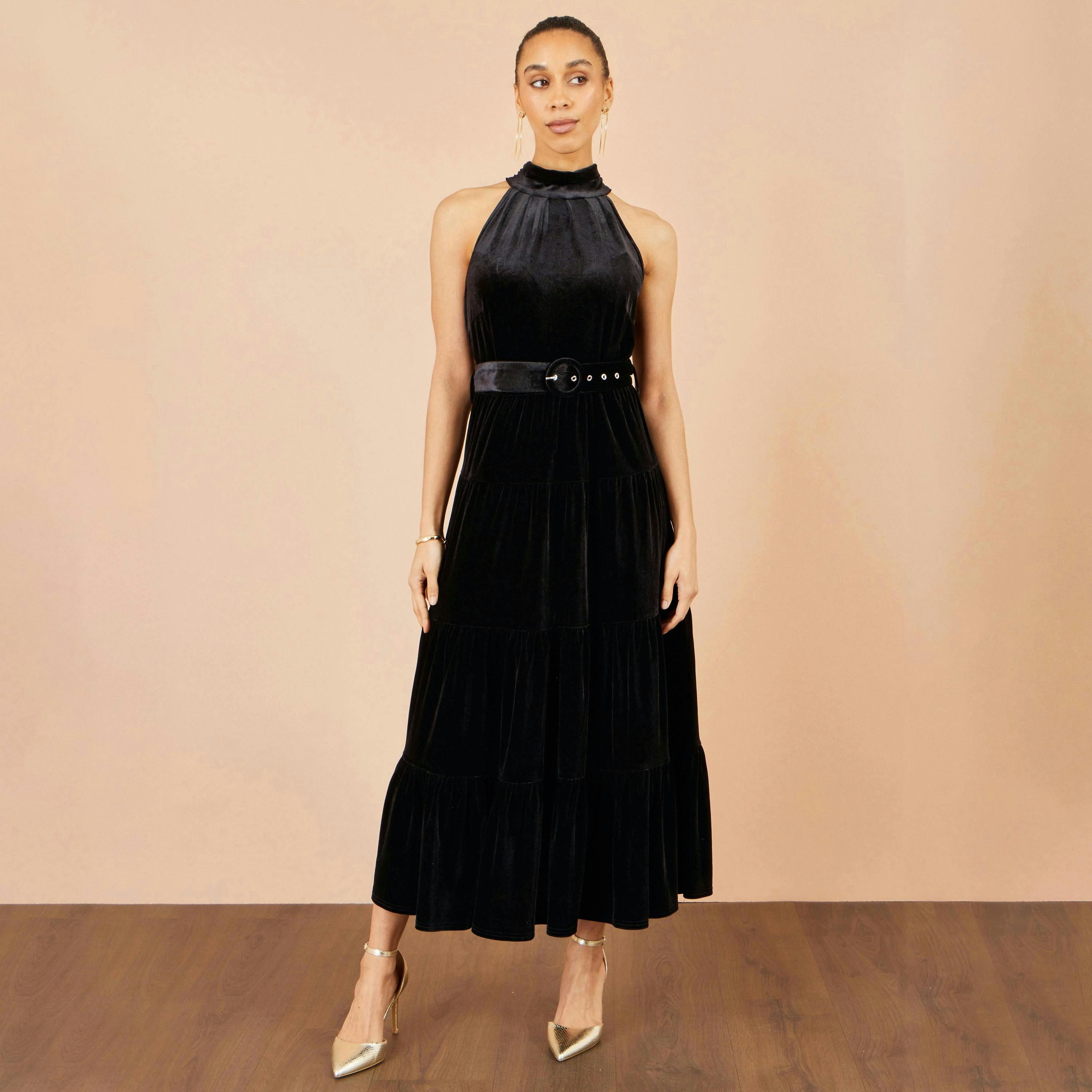 Yumi Black Velvet Halter Maxi Dress With Belt , view 2 of 6